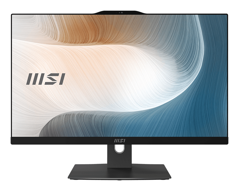 Ein Computermonitor mit schwarzem Rahmen. Der Bildschirm zeigt ein weißes, blaues und goldenes Wirbelmuster. Das MSI-Logo ist sichtbar.