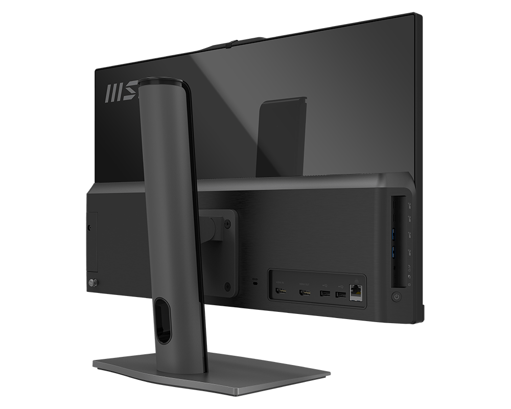 Rückansicht eines schwarzen All-in-One-Computers. Er hat einen Ständer, Anschlüsse und das MSI-Logo. Die Anschlüsse umfassen USB, HDMI und Ethernet.