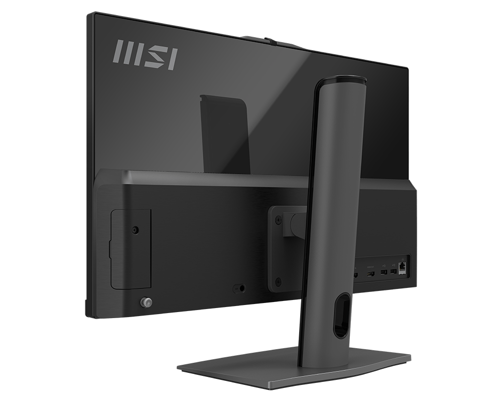 Rückansicht eines schwarzen MSI-All-in-One-Computers. Der Monitor wird von einem grauen Ständer getragen. Die Anschlüsse sind sichtbar.