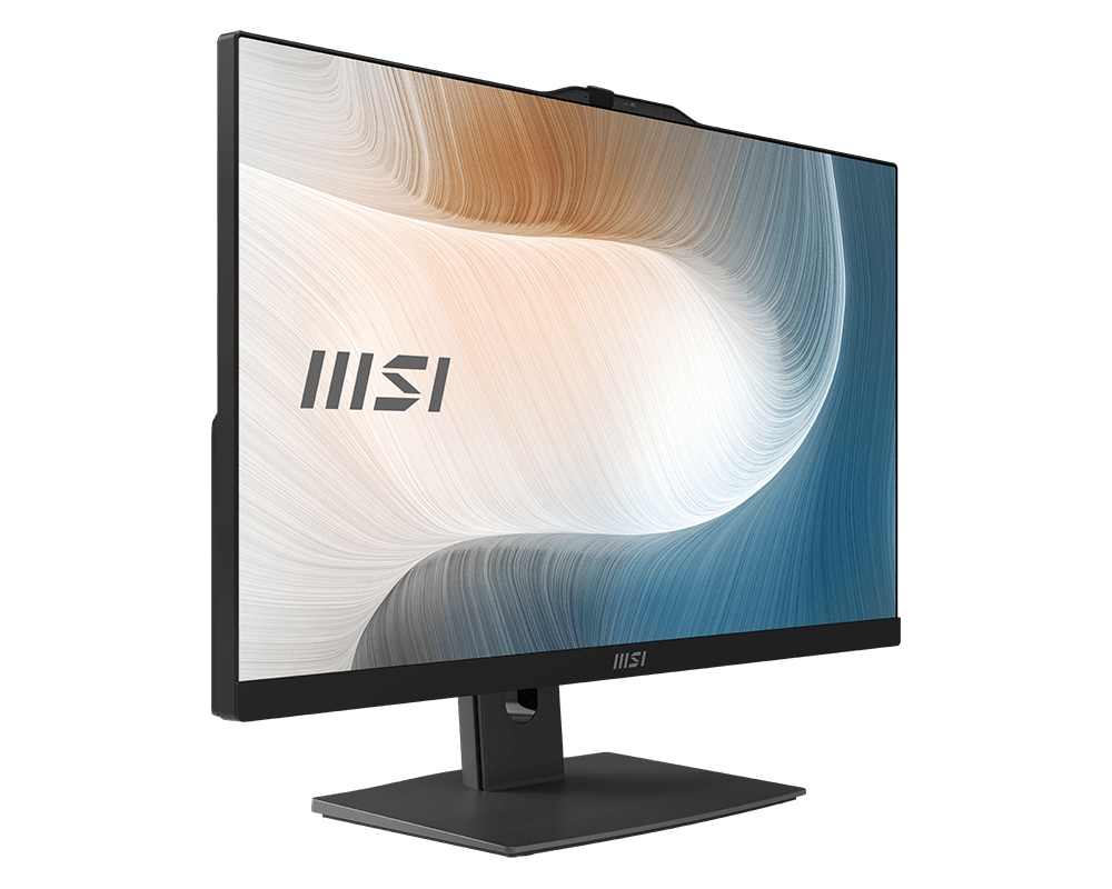 Ein schwarzer MSI-Computermonitor. Der Bildschirm zeigt ein weißes, blaues und braunes Wellenmuster. Der Monitor steht auf einem schwarzen Ständer.