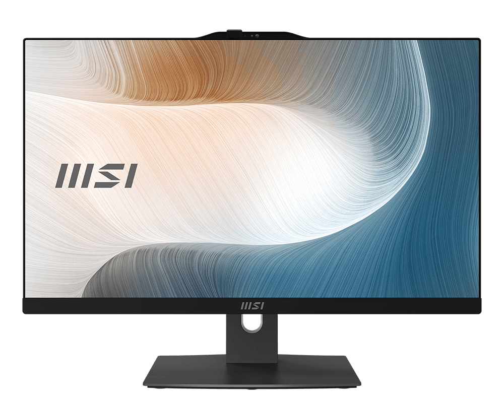MSI-Monitor mit schwarzem Rahmen, Ständer und Bildschirm mit weißem, braunem und blauem Wellenmuster.