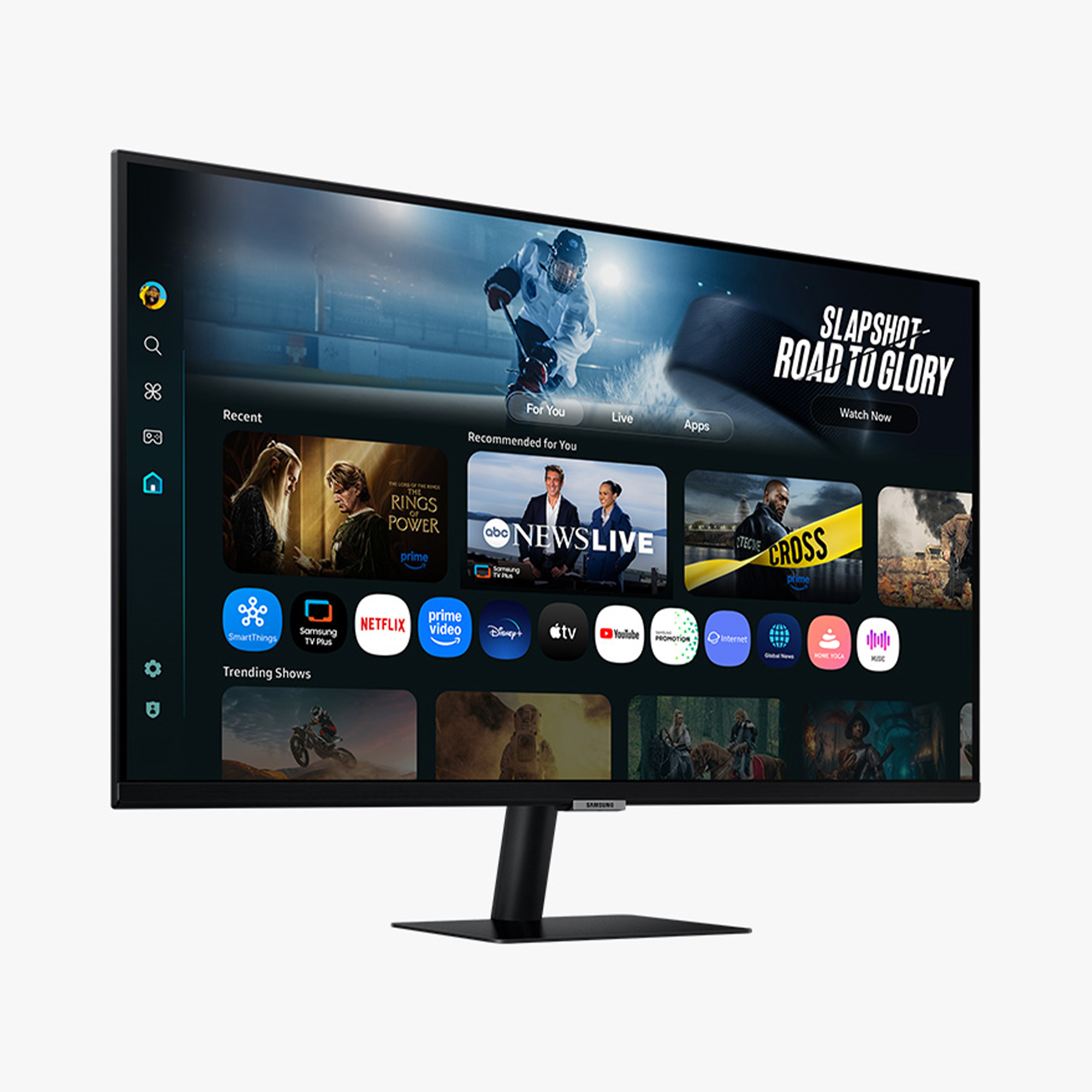 Ein Samsung Smart TV-Bildschirm zeigt eine Benutzeroberfläche mit Menüs und App-Symbolen.