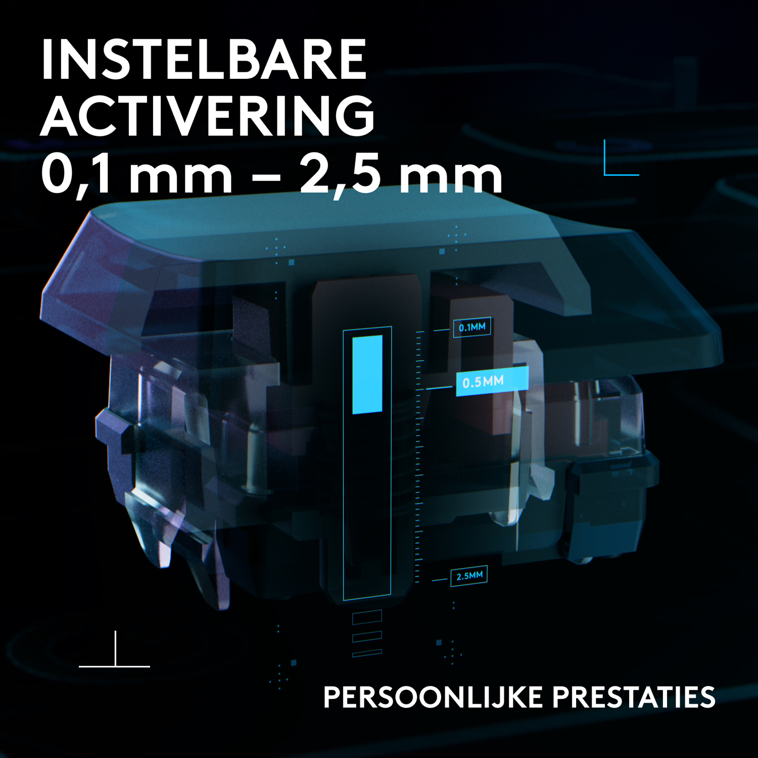 Image shows a blue-tinted mechanical switch with text indicating adjustable activation from 0.1mm to 2.5mm. The background is dark.