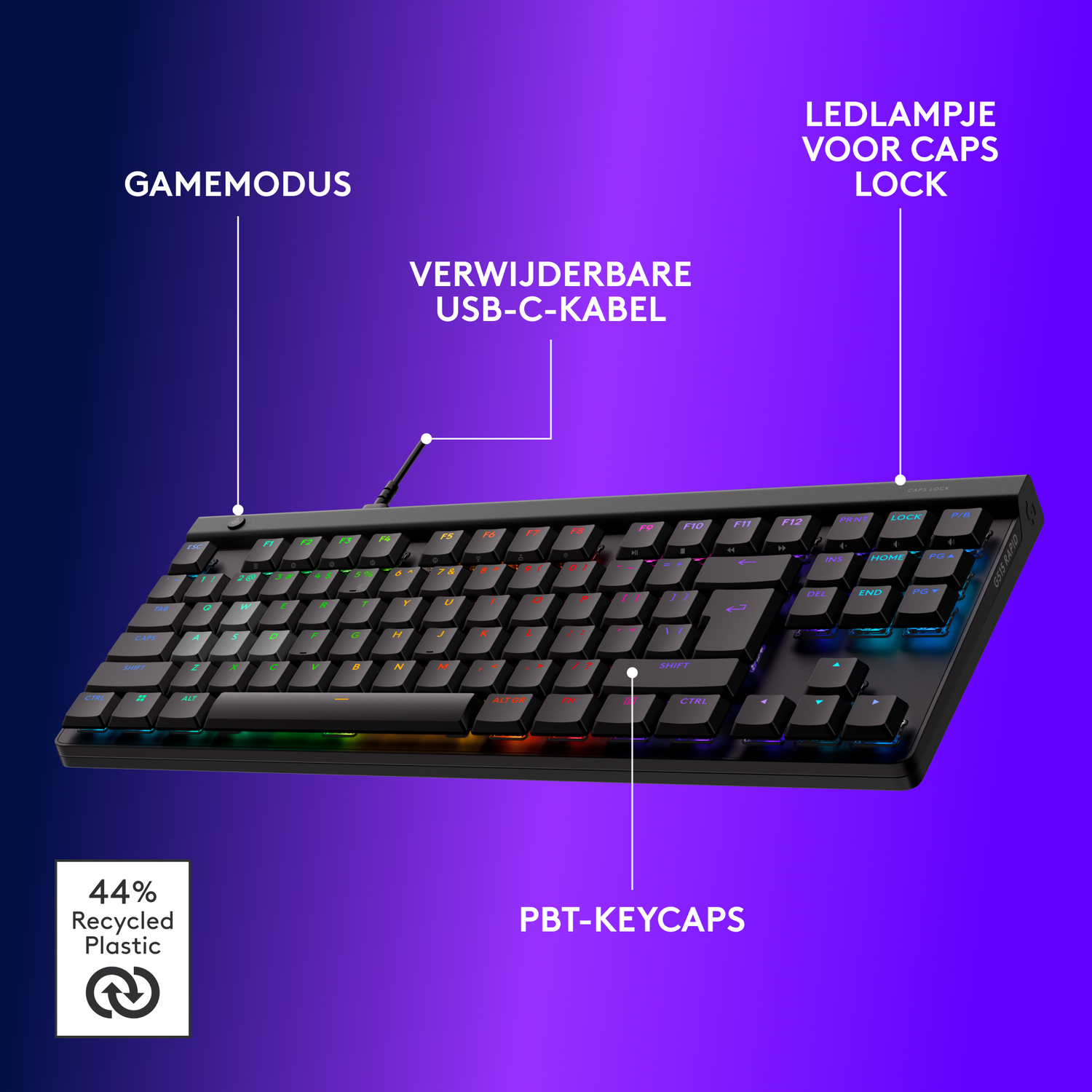 Black keyboard with rainbow backlight. Features include PBT keycaps, detachable USB-C cable, and LED for Caps Lock.
