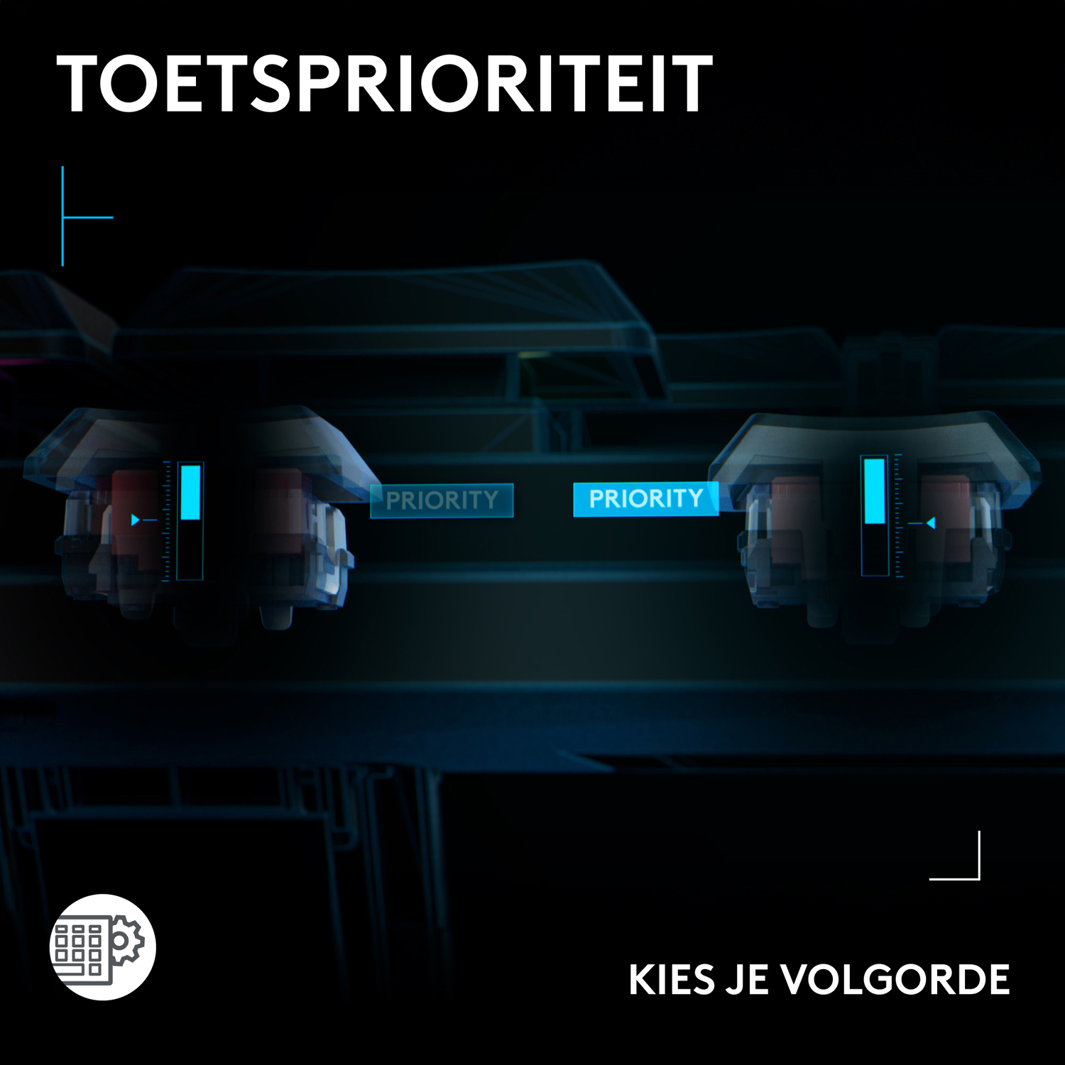 Image shows keyboard keys with priority settings. Text reads 'TOETSPRIORITEIT' and 'KIES JE VOLGORDE'.