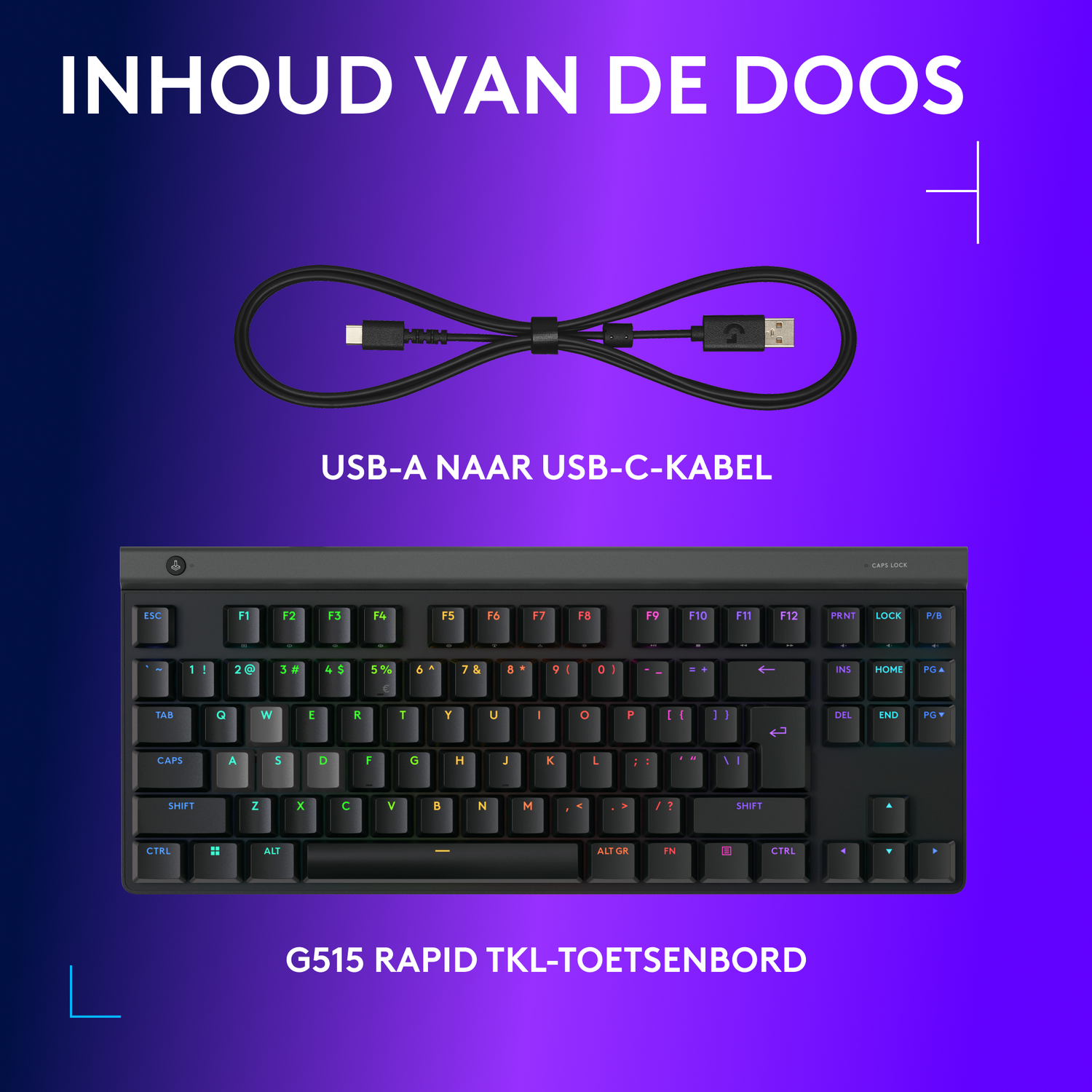 Image shows a keyboard, USB cable and text. Keyboard is black. Cable is black. Background is purple.