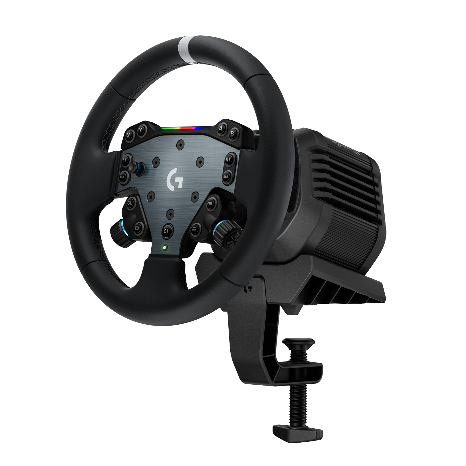 Een zwart Logitech racestuur met knoppen en een klem. Het stuur heeft een zilveren streep en het Logitech logo.