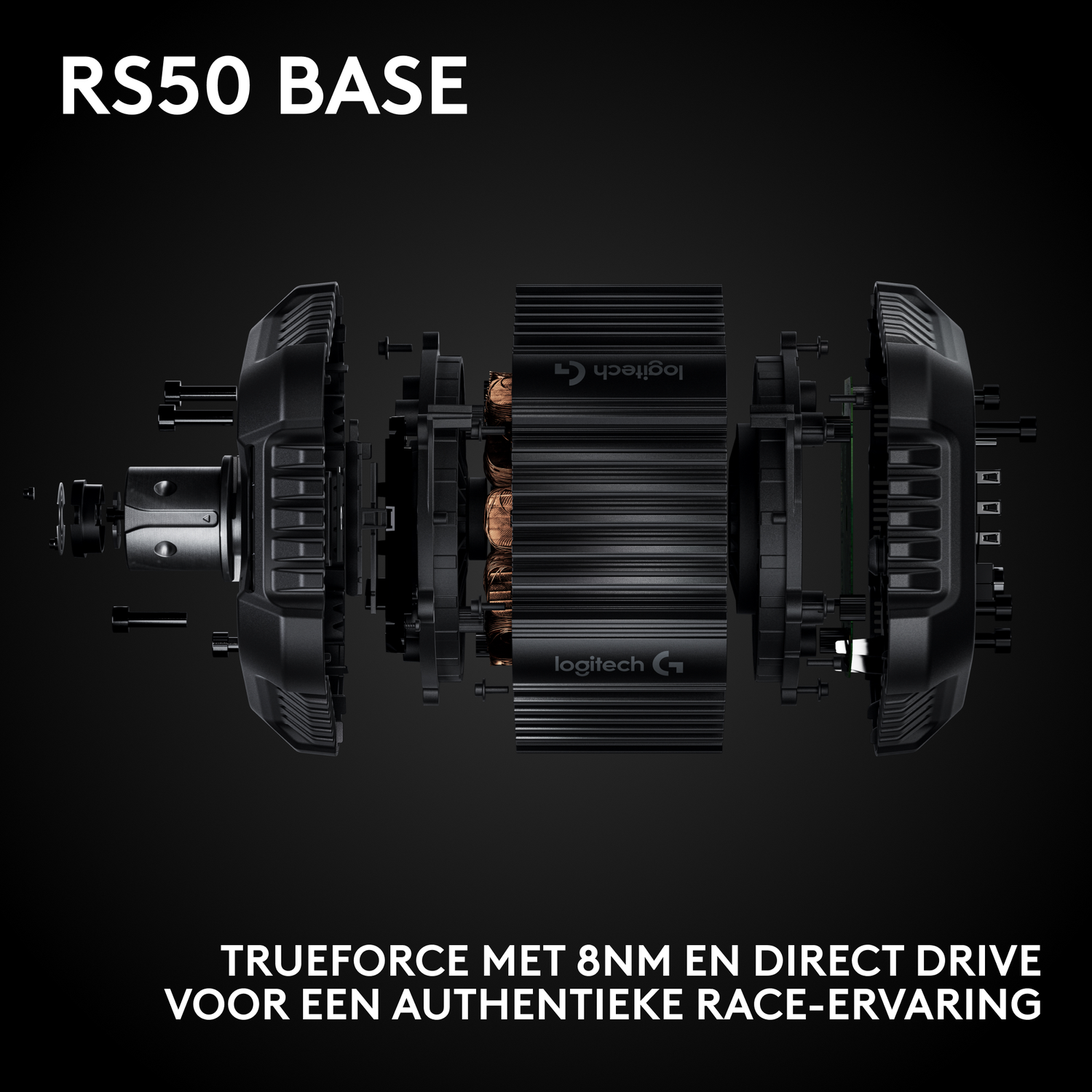 Een ontplofte weergave van een zwarte RS50-basis, met interne componenten. Tekst: TRUEFORCE met 8NM en DIRECT DRIVE voor een authentieke race-ervaring.