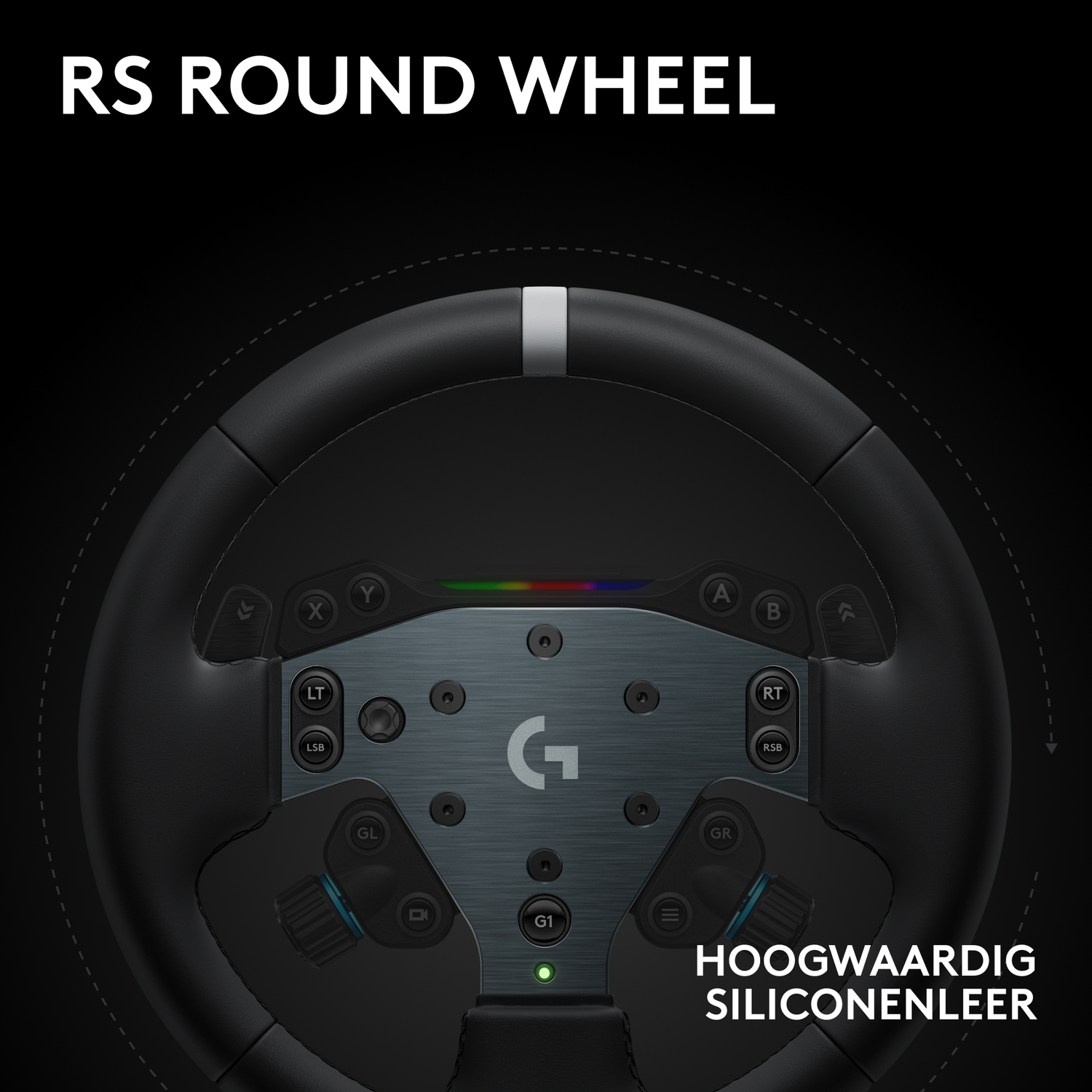 Een zwart stuur met knoppen en een zilveren midden. De tekst luidt 'RS ROUND WHEEL' en 'HOOGWAARDIG SILICONENLEER'.
