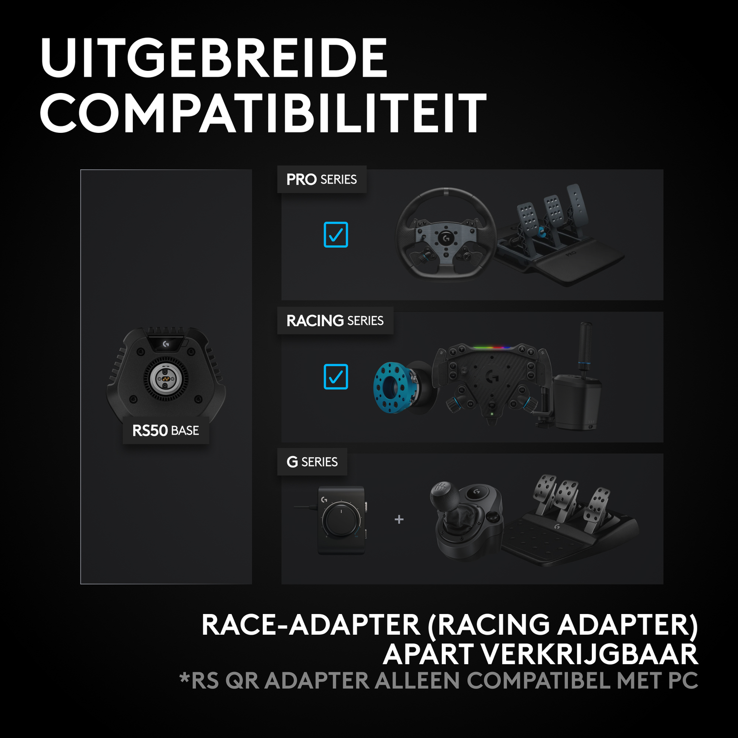 Afbeelding toont racestuurcomponenten, waaronder stuur, pedalen en versnellingspook, die de compatibiliteit over series benadrukken, met tekstbeschrijvingen.