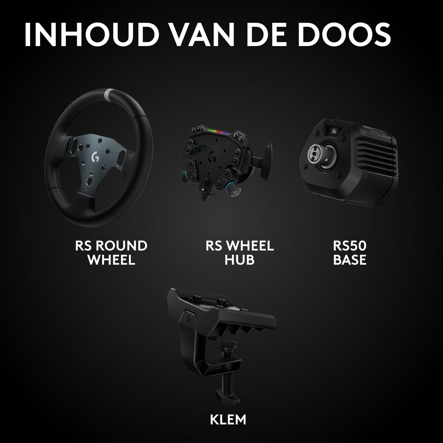 Afbeelding toont een racestuurset: RS Round Wheel, RS Wheel Hub, RS50 Base en een Klem. Alles is zwart tegen een donkere achtergrond.