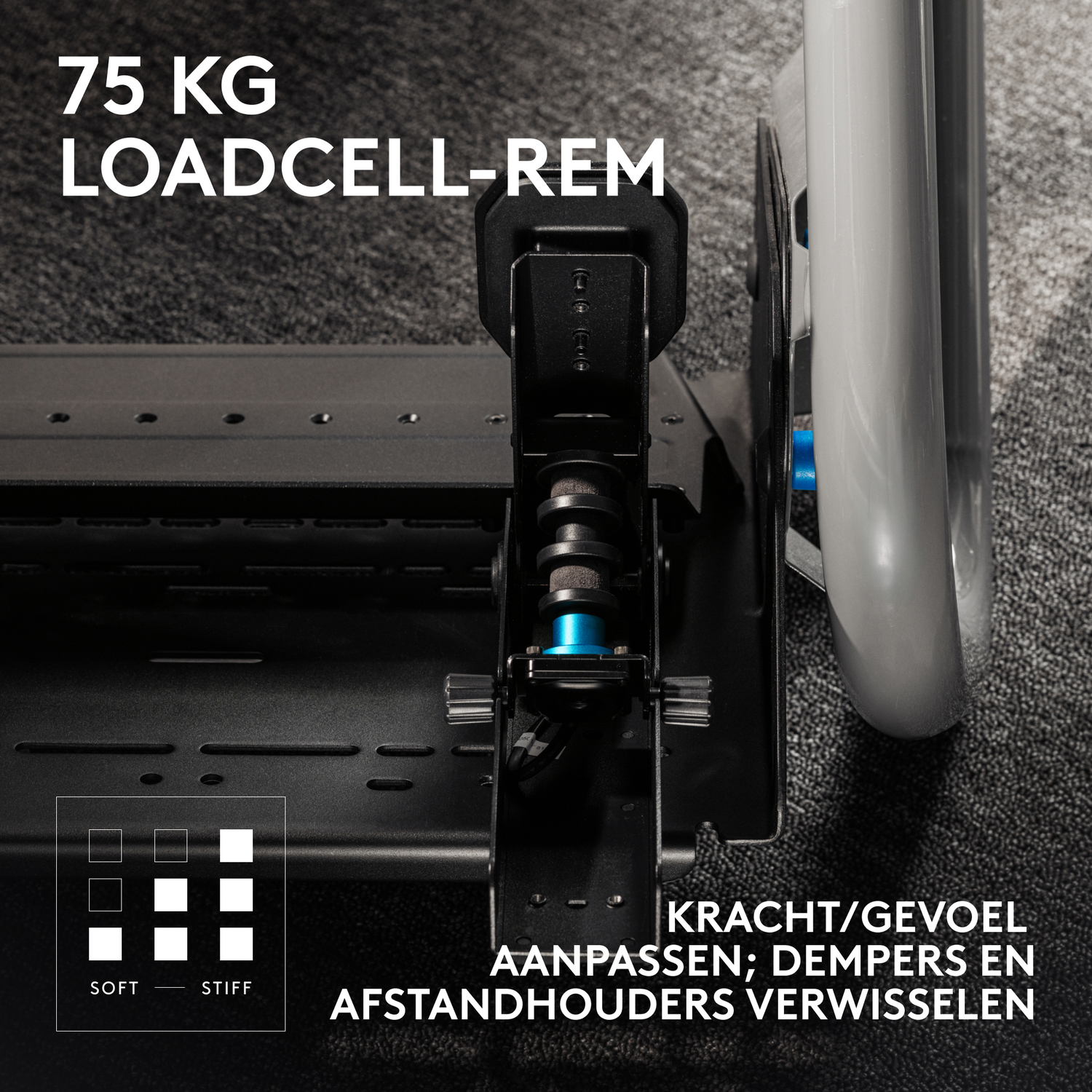 Black metal component with blue accents and a gray wheel. Text reads '75 KG LOADCELL-REM' and 'SOFT - STIFF'.