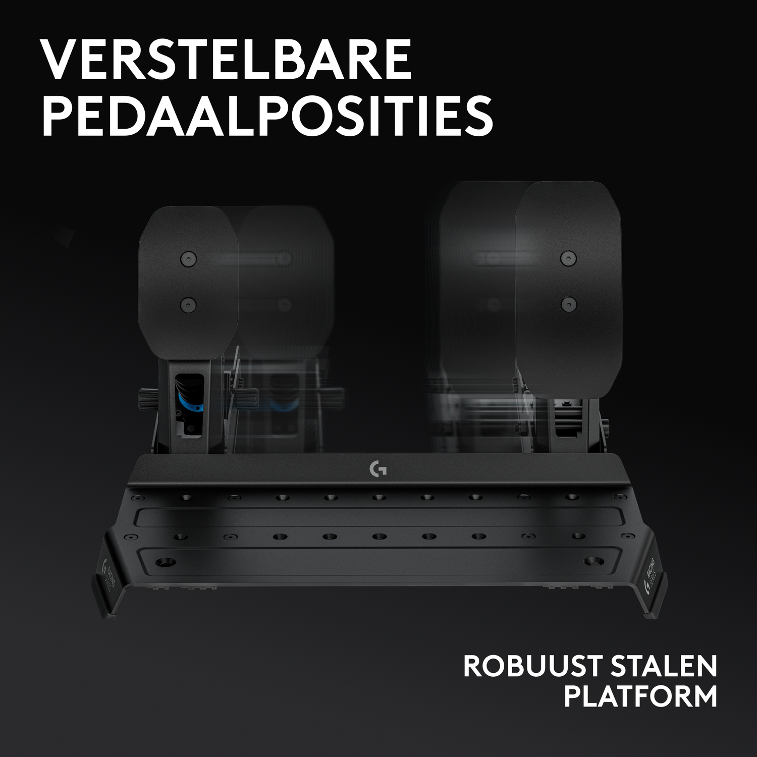 A black racing pedal set with adjustable positions and a robust steel platform. Text at top: Adjustable pedal positions. Bottom: Robust steel platform.