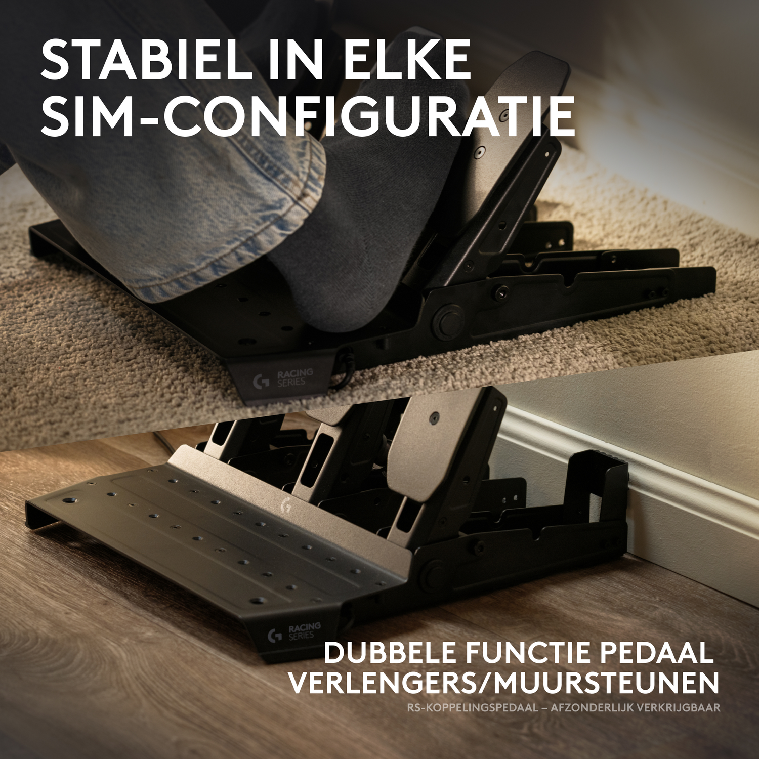 Image shows a black racing pedal set, with a foot on the pedals. Text says 'stable in every sim configuration'.