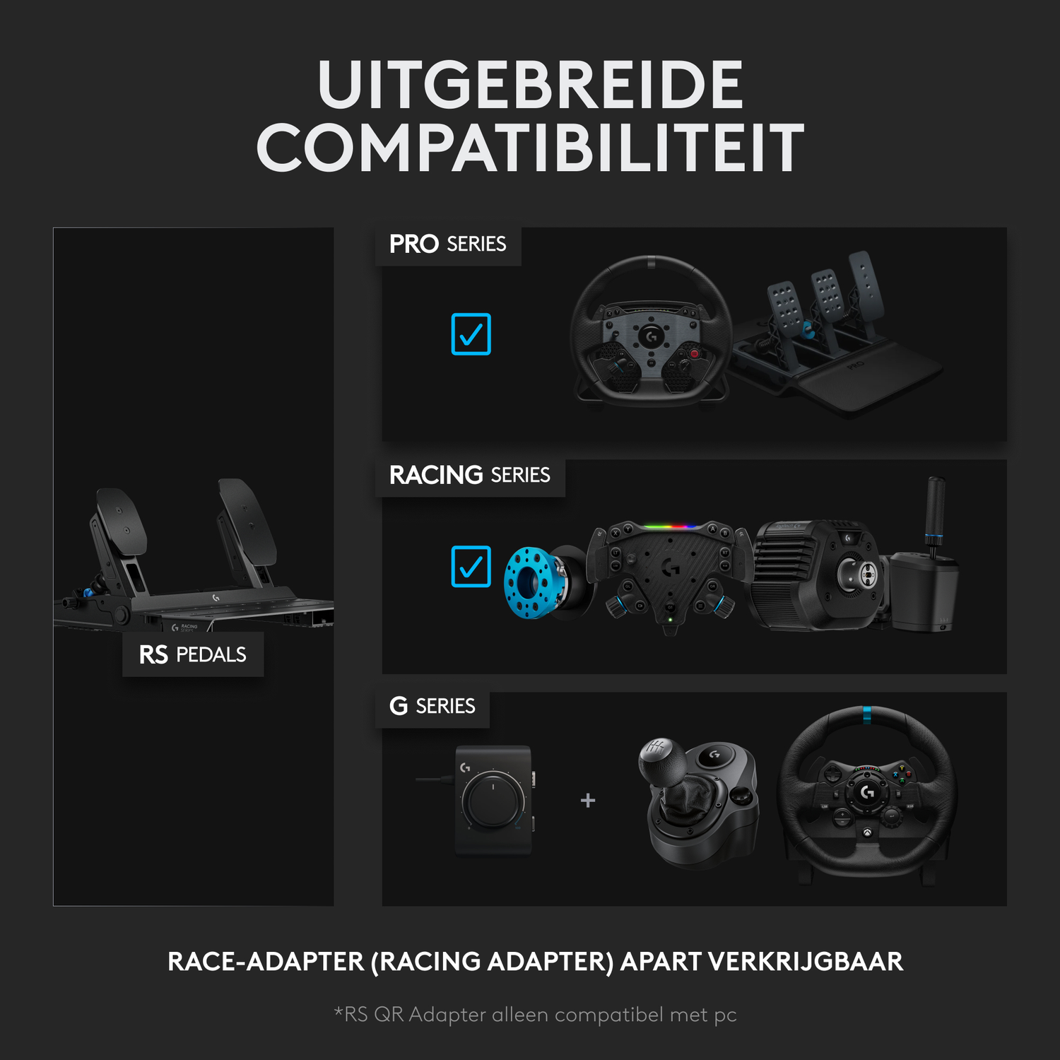 Image shows racing wheel compatibility. Includes Pro, Racing, and G series products. Racing adapter is sold separately. 