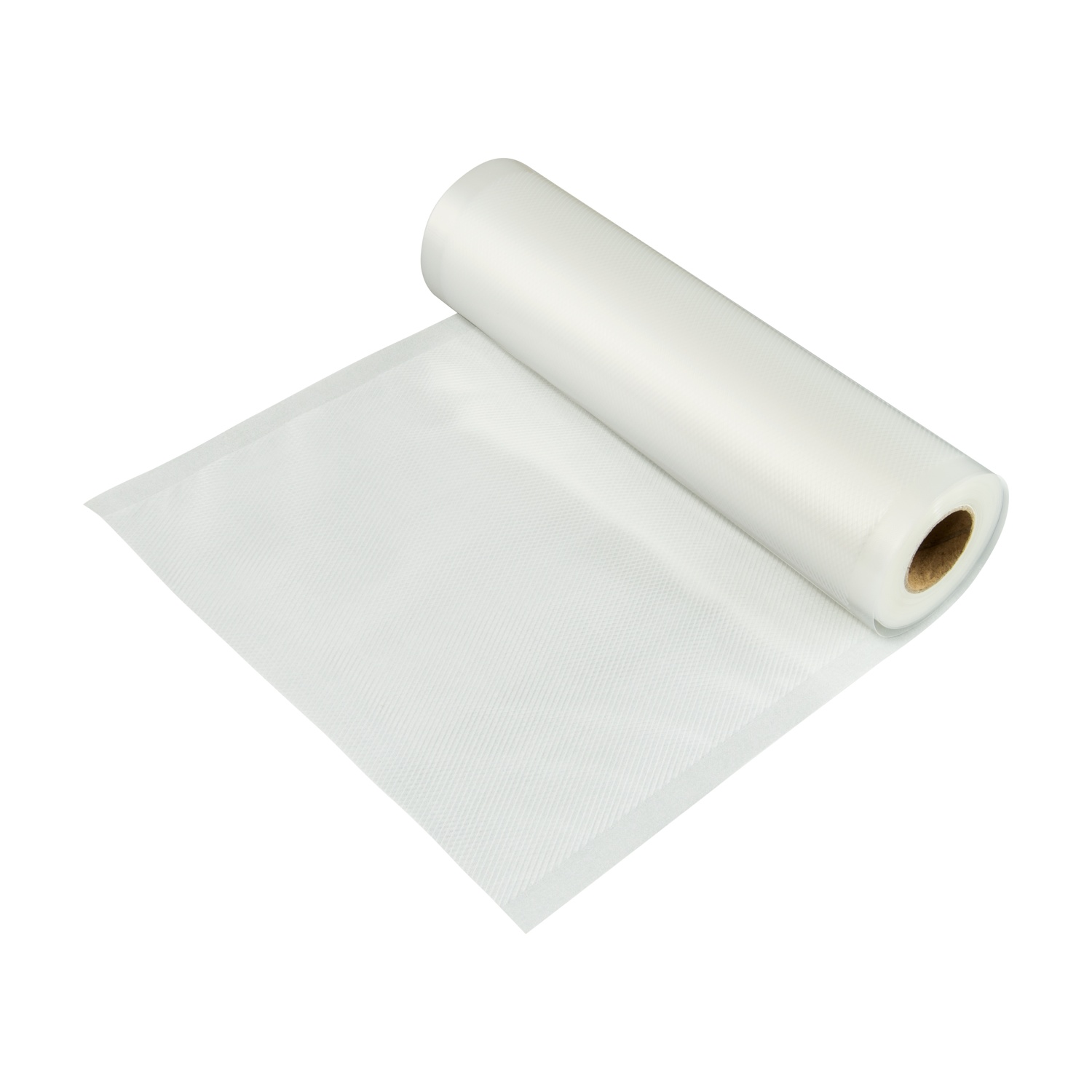 Un rotolo di sacchetti trasparenti per sottovuoto, parzialmente srotolato, su sfondo bianco.