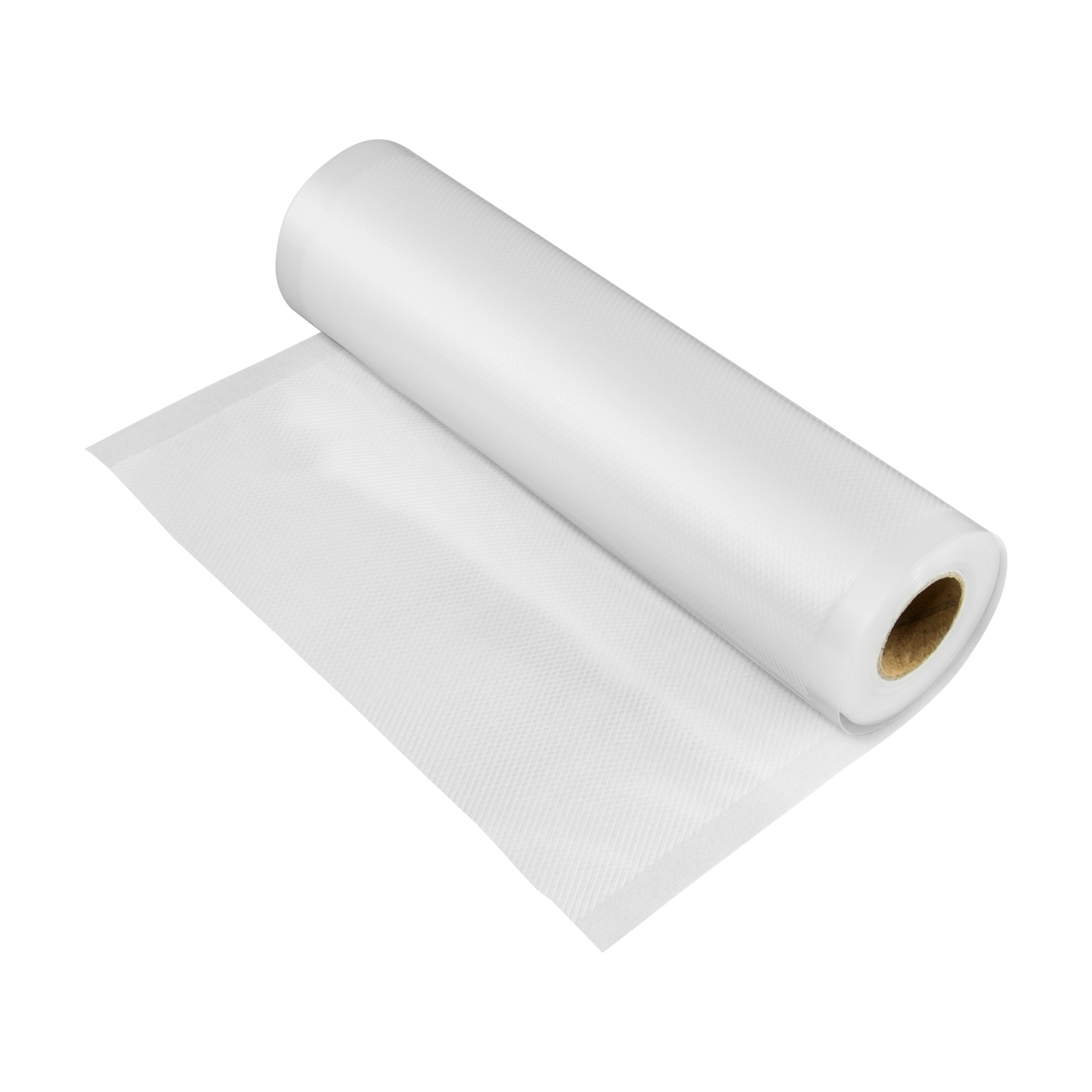Un rotolo di sacchetti trasparenti per sottovuoto in plastica su una superficie bianca. Il rotolo è parzialmente srotolato.