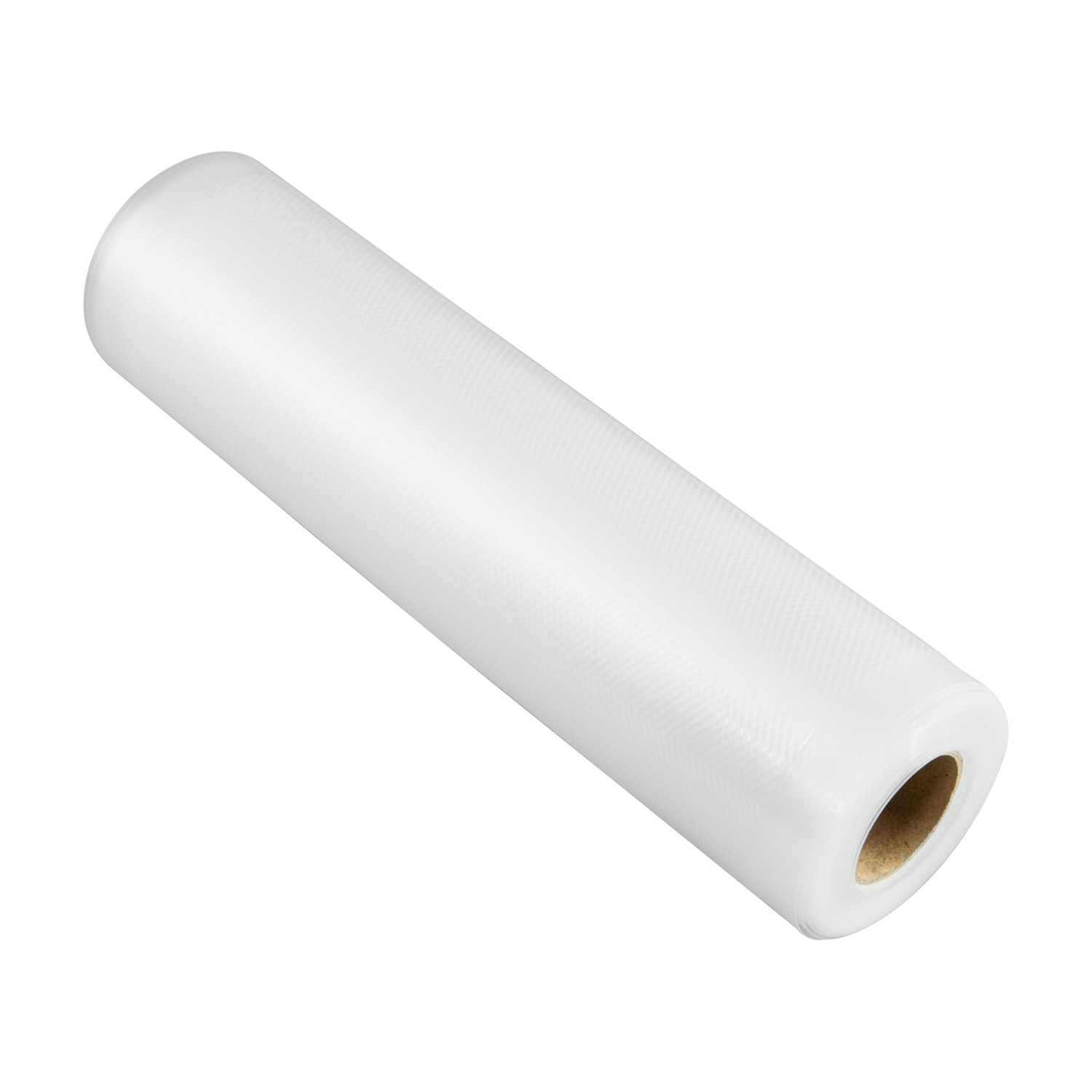 Un rotolo cilindrico bianco di sacchetti per sottovuoto. Il rotolo è angolato e ha un'anima interna marrone.