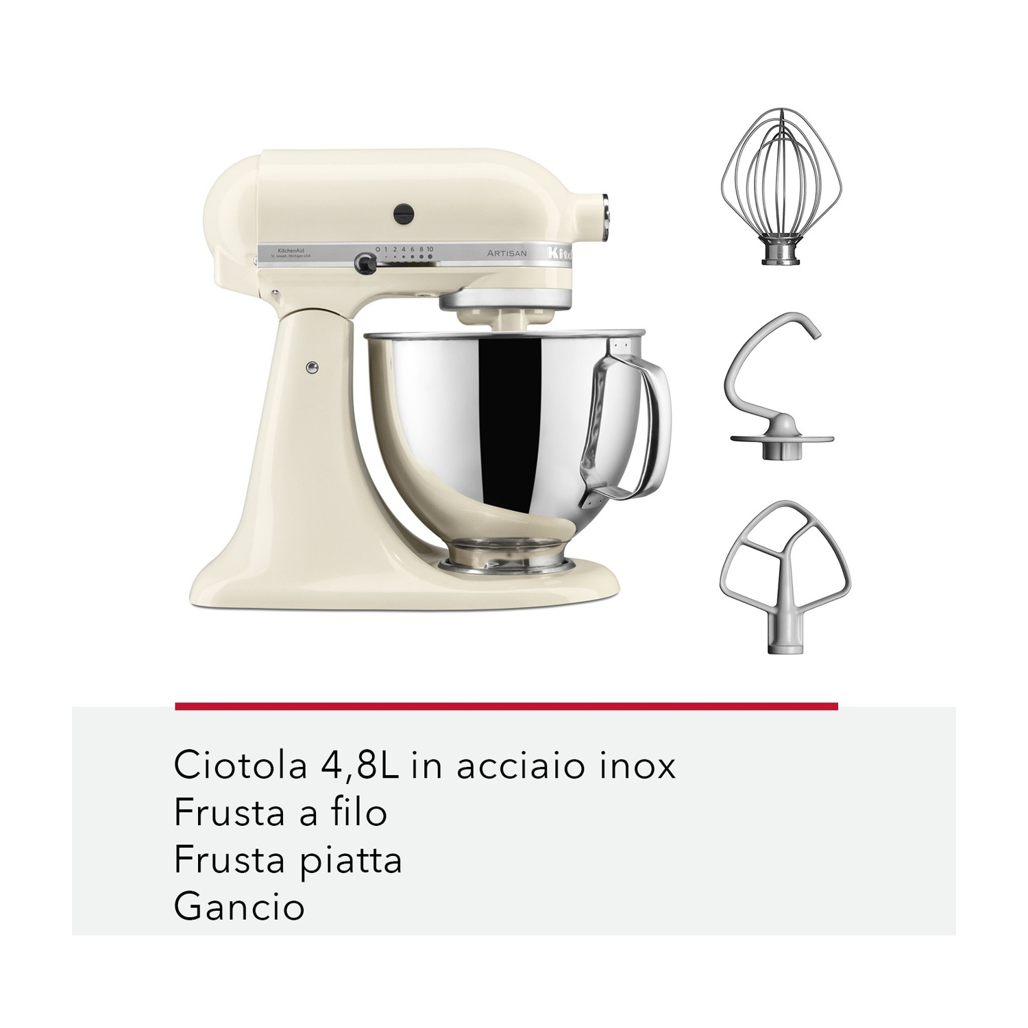Un mixer a supporto KitchenAid color crema con una ciotola in acciaio inossidabile e vari accessori su sfondo bianco.