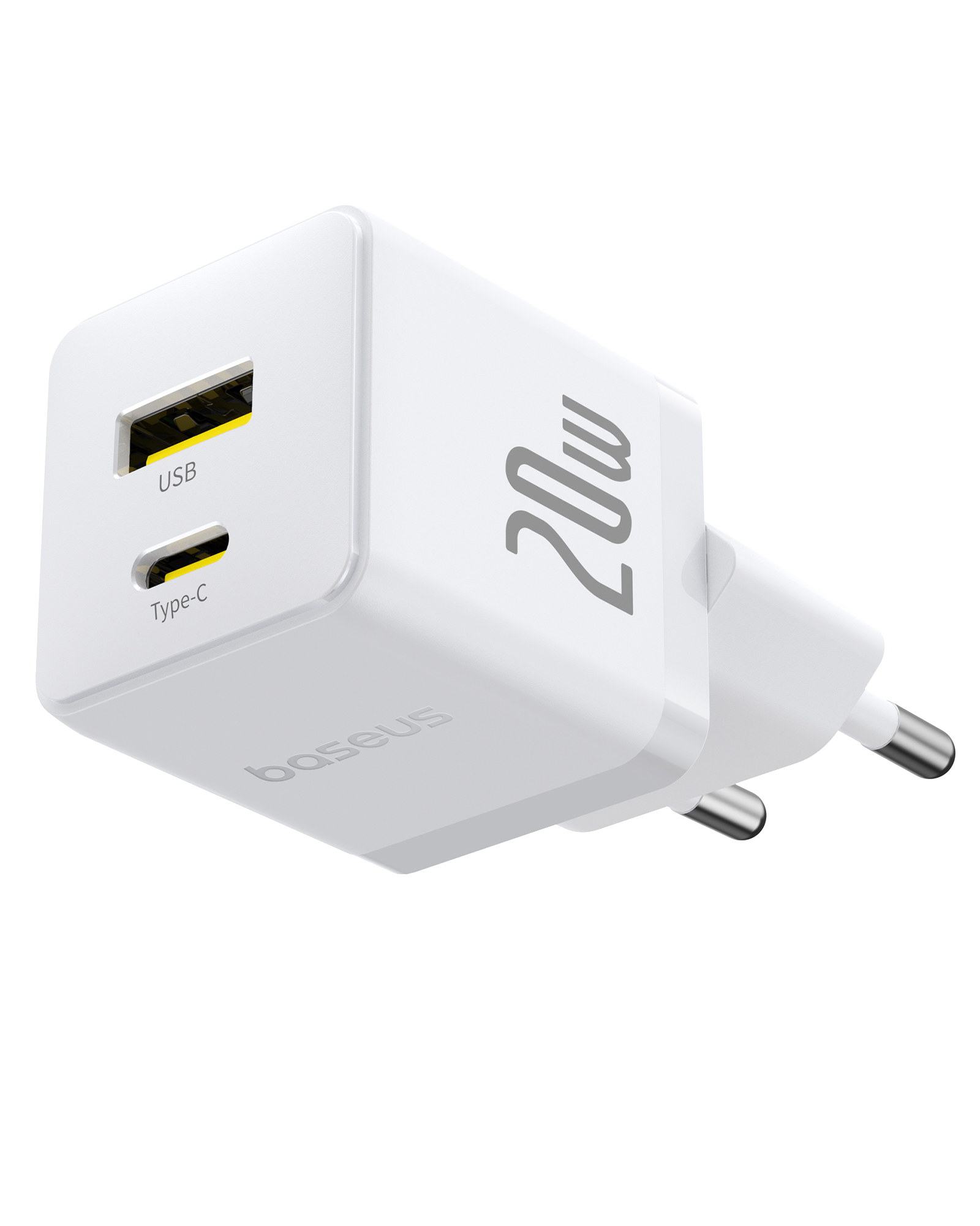 Fehér Baseus 20W-os töltő USB és Type-C portokkal. A töltő kétágú dugóval és szürke 20W jelzéssel rendelkezik.