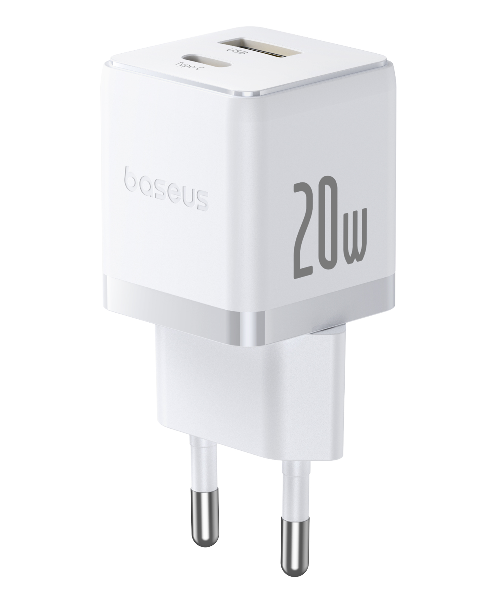 Egy fehér Baseus 20W-os töltő, C-típusú és USB portokkal. Két ezüst színű csatlakozója van az európai konnektorokhoz.