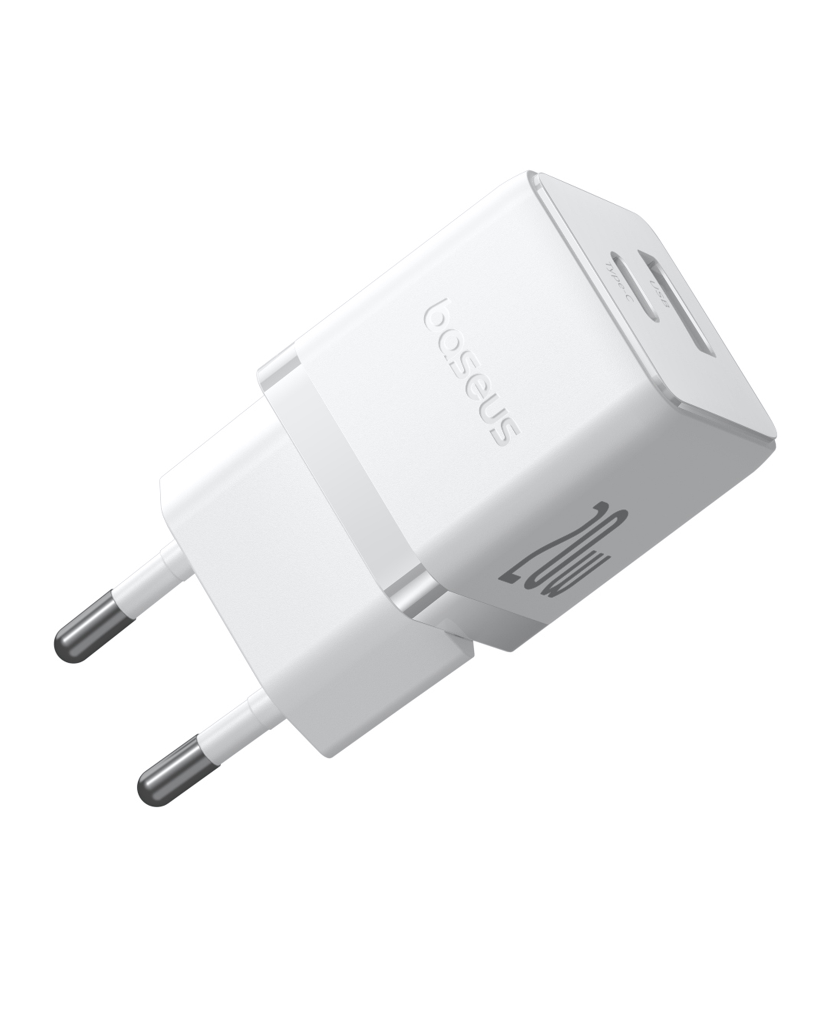 Fehér Baseus 20W-os töltő. Európai dugóval, Type-C és USB porttal. Látható a Baseus logó.