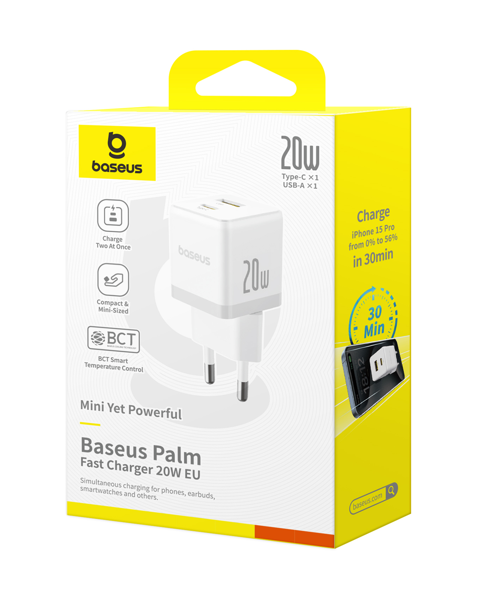 Egy Baseus Palm 20W EU töltő doboza. Fehér és sárga, a töltő képével.