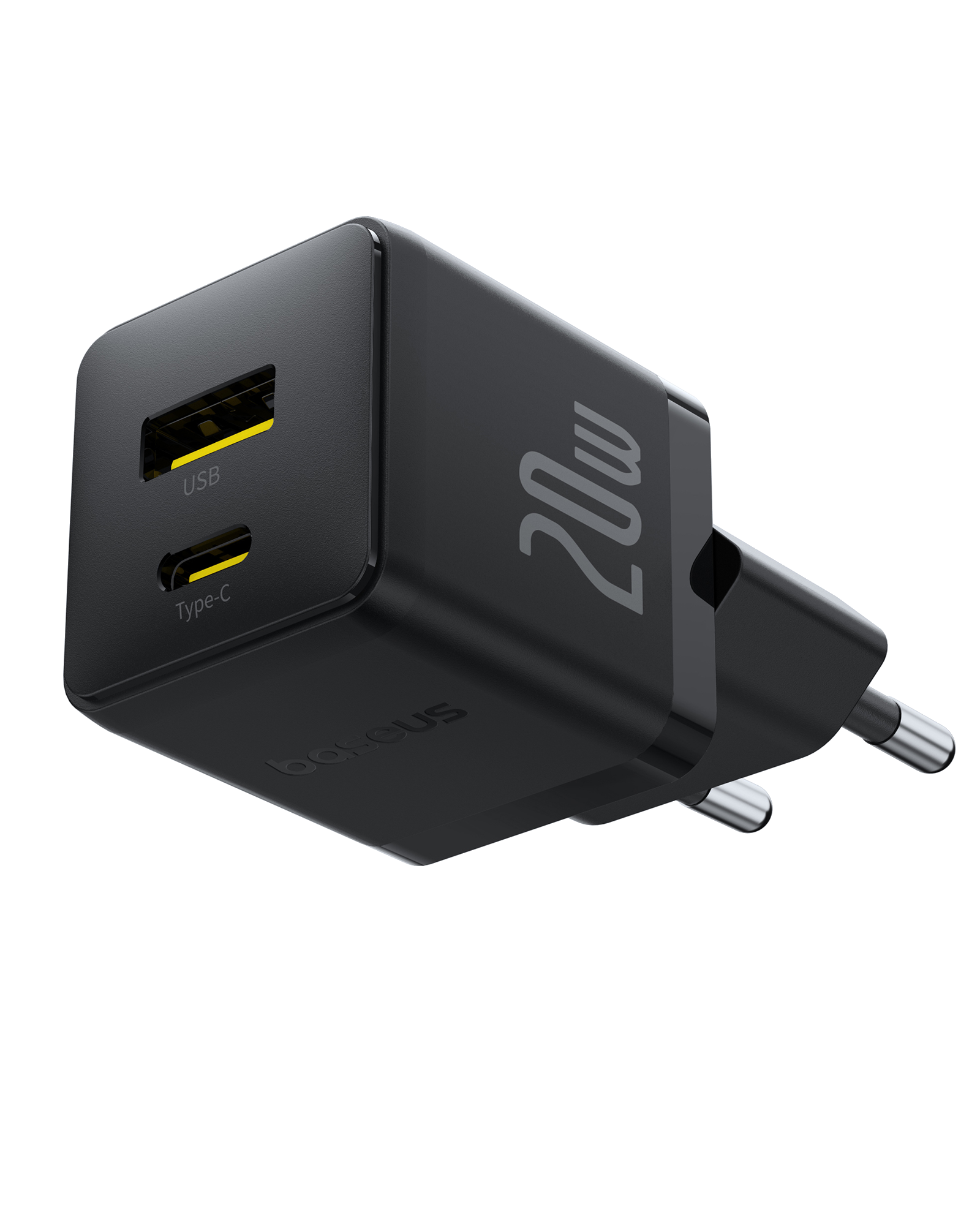 Fekete Baseus 20W-os töltő USB és Type-C portokkal. Dugója van, és látható a márkanév.