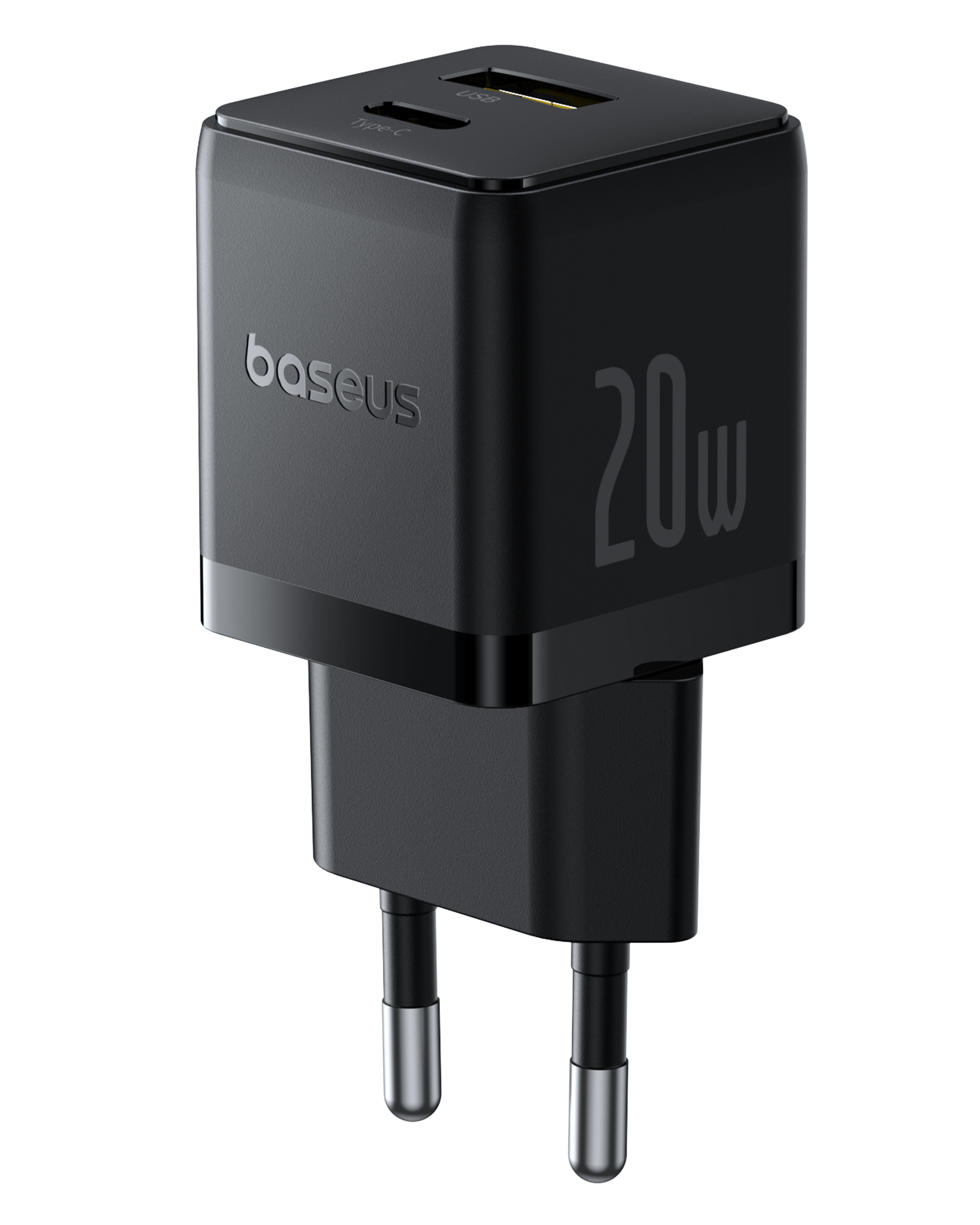 Egy fekete Baseus 20W-os töltő USB és Type-C porttal. Két ezüst csatlakozója van az áramellátáshoz.