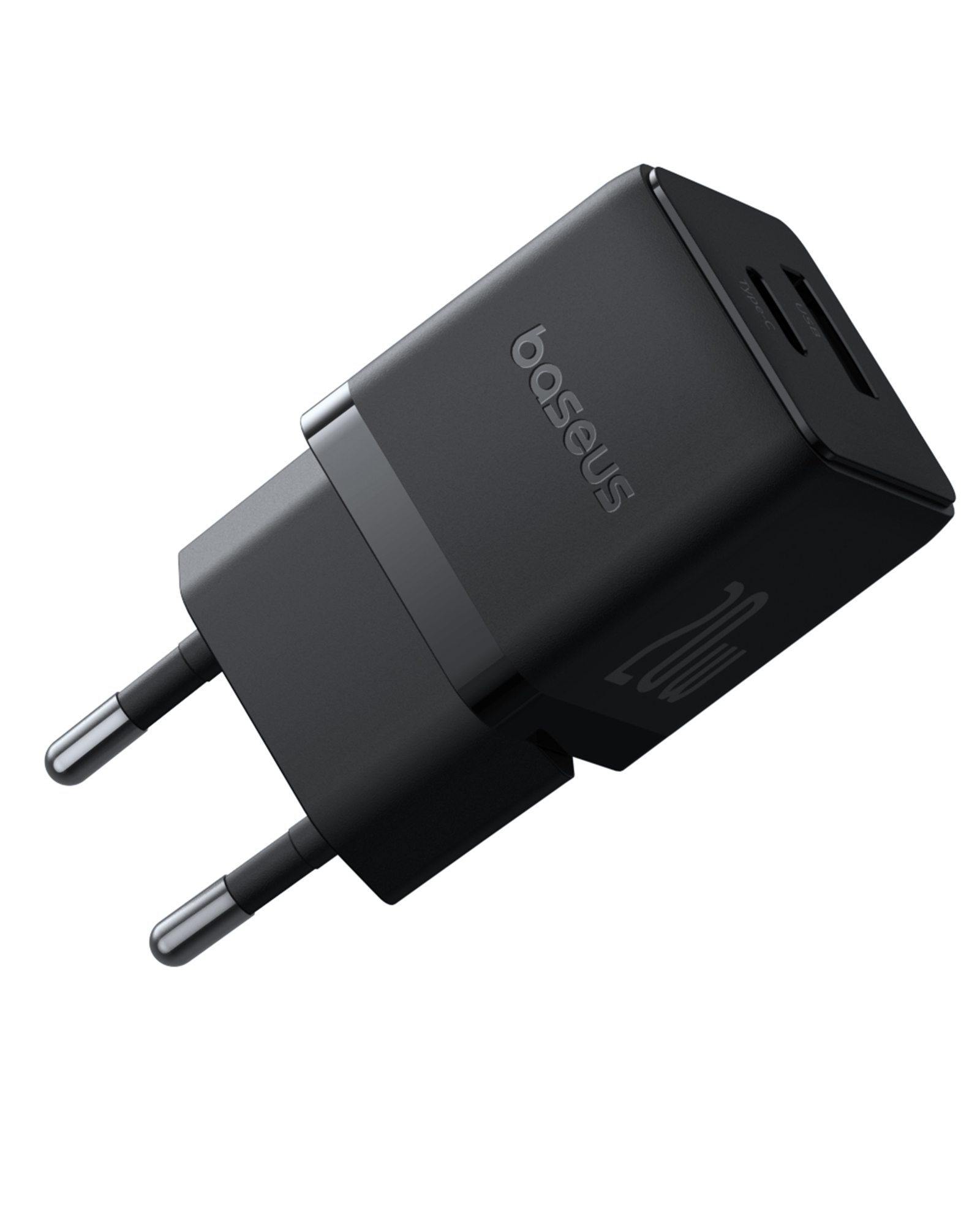 Egy fekete Baseus 20W-os töltő két csatlakozóval. Van rajta Type-C és USB port.
