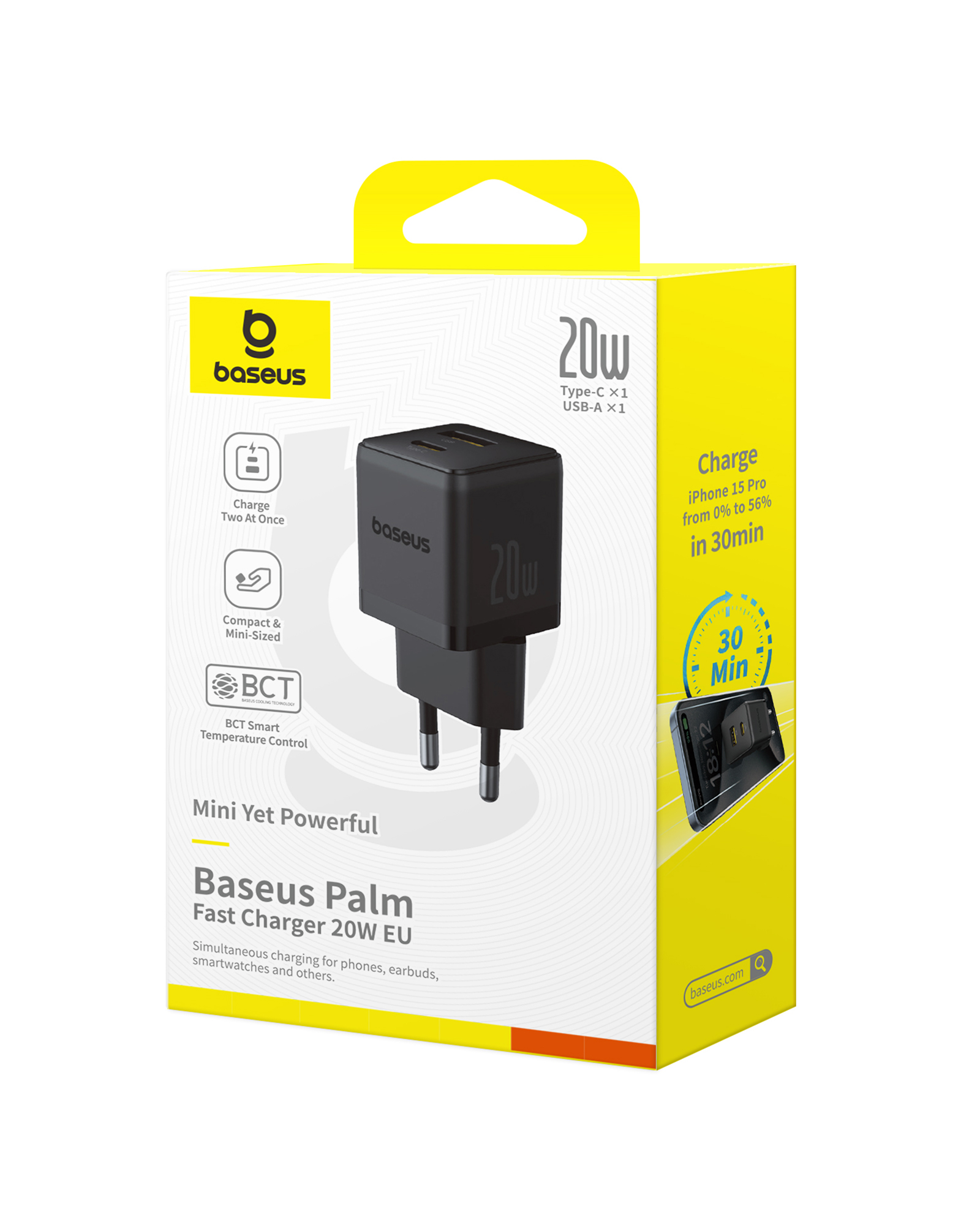 Egy Baseus Palm 20W EU töltő doboza. Sárga és fehér, középen egy fekete töltővel és termékadatokkal.
