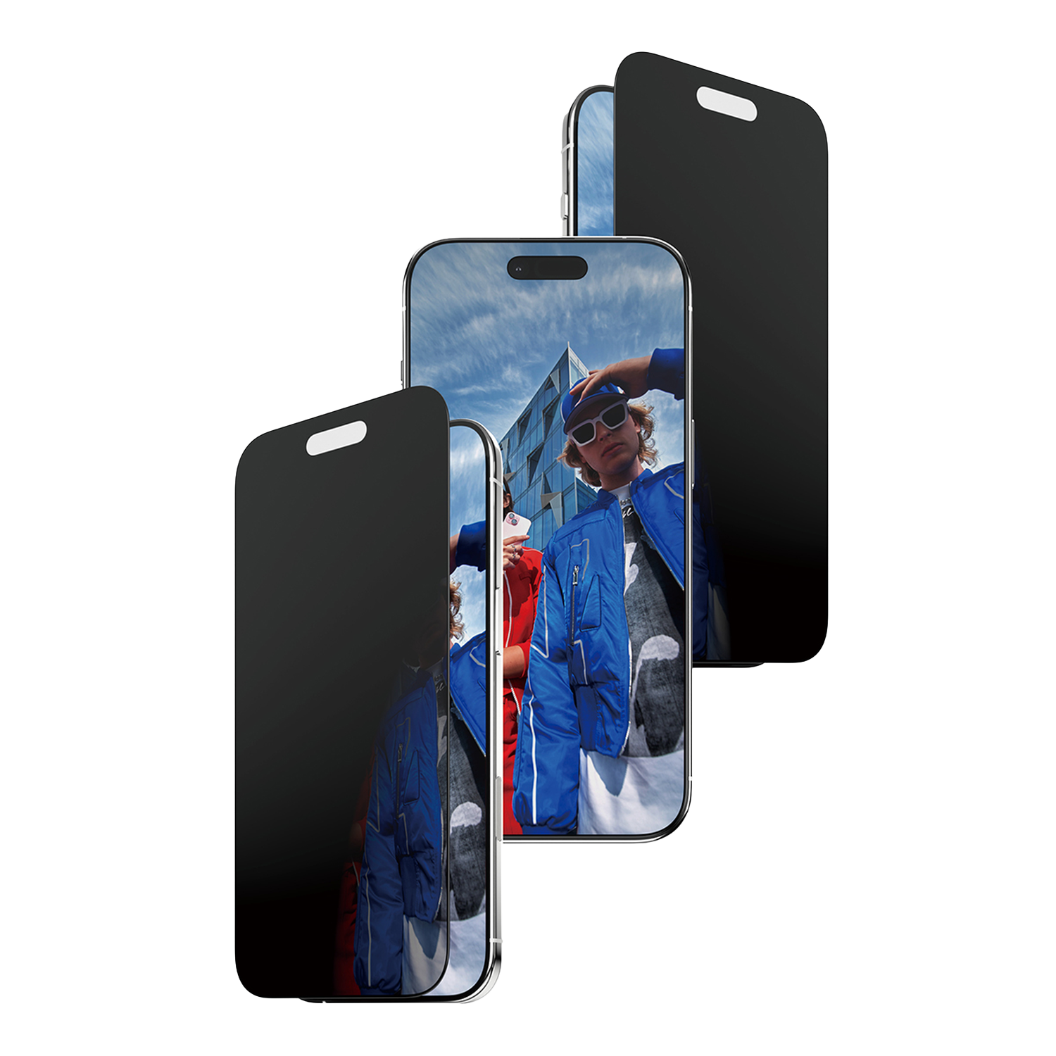 Trois smartphones; l'un affiche une personne en veste bleue et lunettes de soleil. D'autres montrent des écrans de confidentialité noirs.