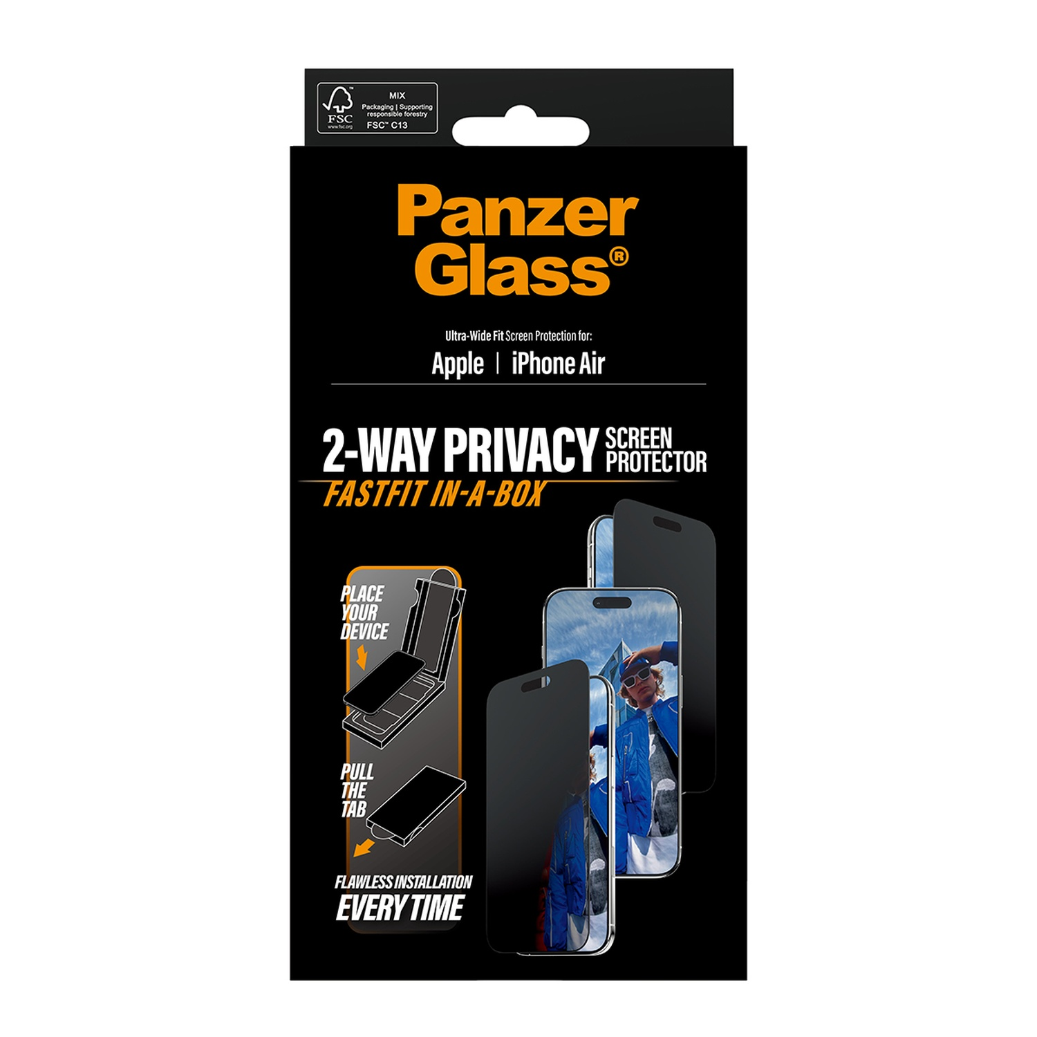 Boîte noire Panzer Glass pour iPhone Air. Affiche le nom du produit, les caractéristiques et un guide visuel d'installation avec un téléphone.