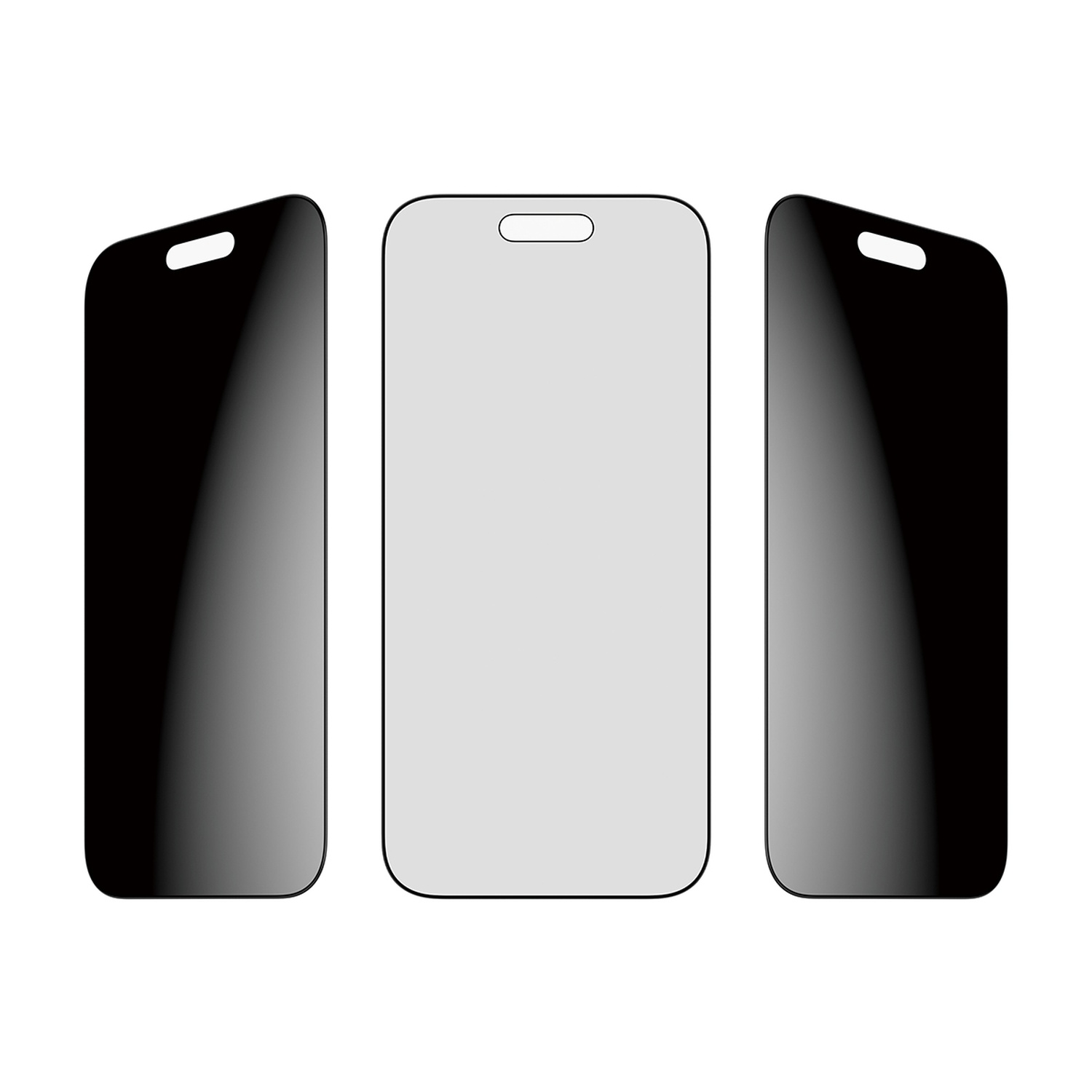 Trois écrans de téléphone sont affichés. Le central est gris clair, et les autres sont noirs, inclinés de chaque côté. Tous ont des coins arrondis.