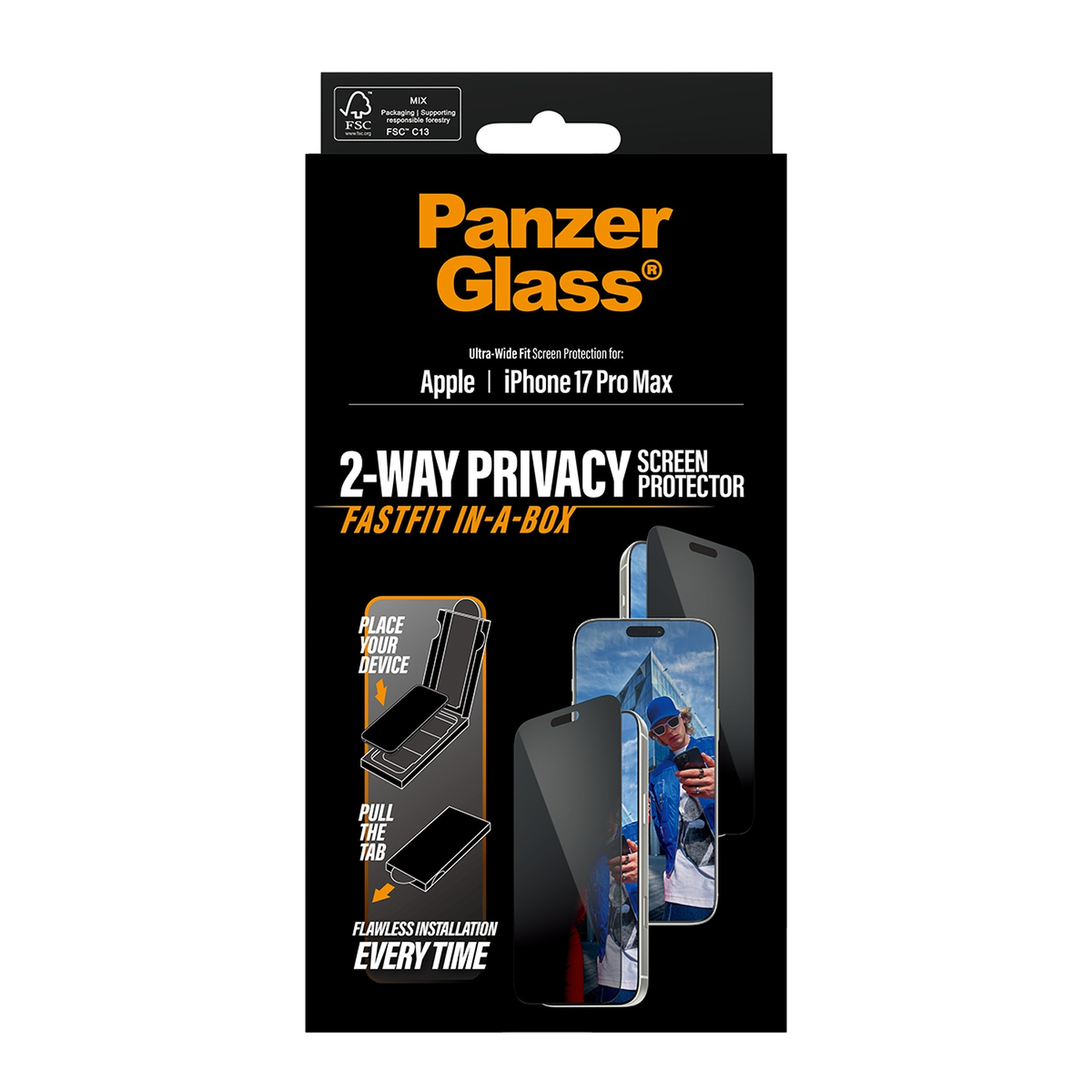 Boîte noire Panzer Glass pour iPhone 17 Pro Max. Protection d'écran de confidentialité 2 voies, avec illustrations des étapes d'installation.