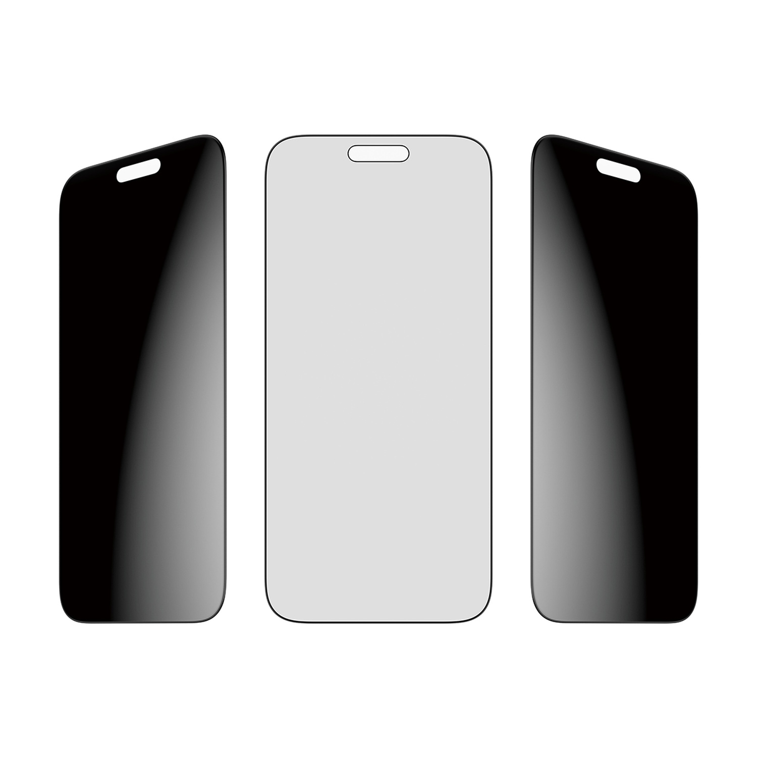 Trois protecteurs d'écran de téléphone. Celui du milieu est clair, les autres sont sombres. Tous ont une découpe en haut.