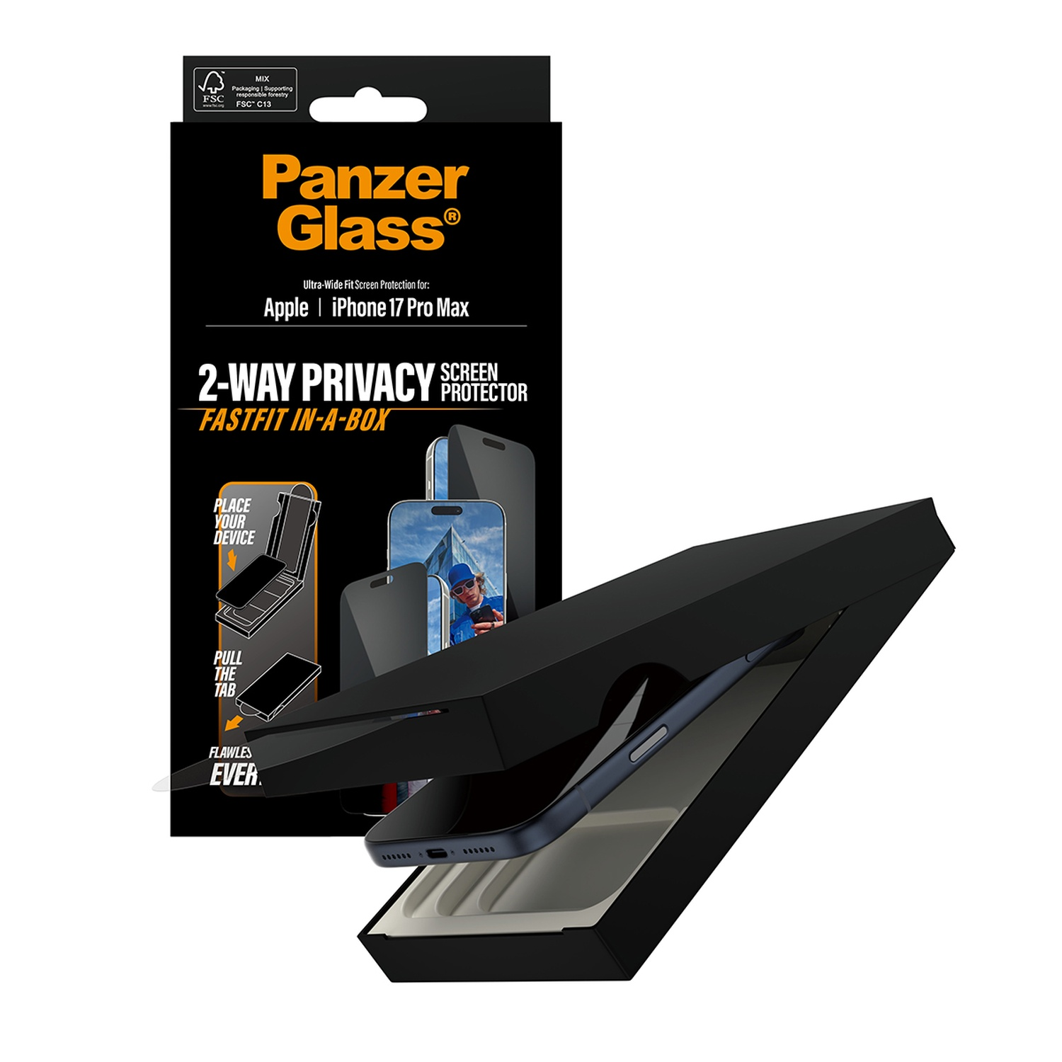 Une boîte noire Panzer Glass avec un iPhone 17 Pro Max, un protecteur d'écran et des instructions d'installation.