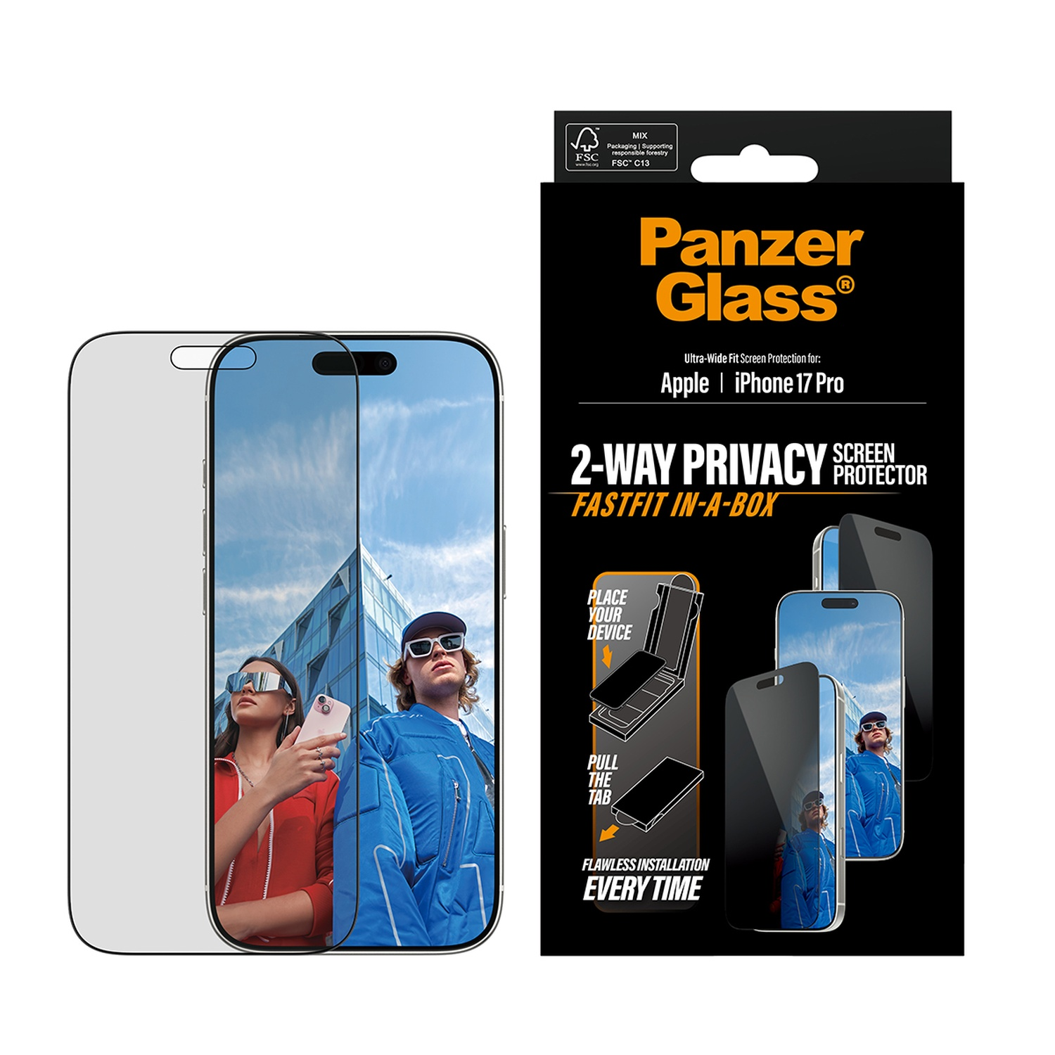 A PanzerGlass screen protector box next to an iPhone with a screen protector. People are reflected in the phone's screen.