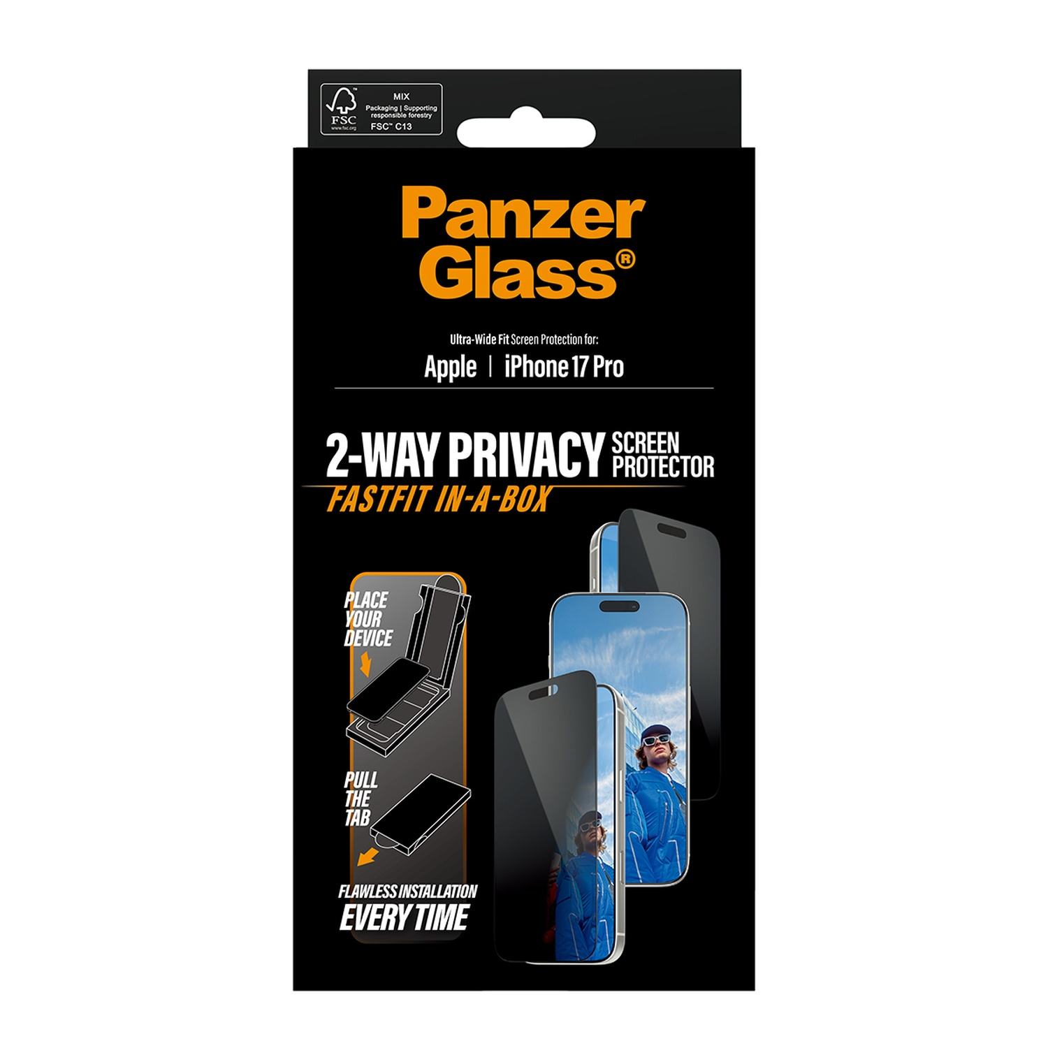 Black box shows Panzer Glass screen protector for iPhone 17 Pro. Includes installation steps and images of a person.