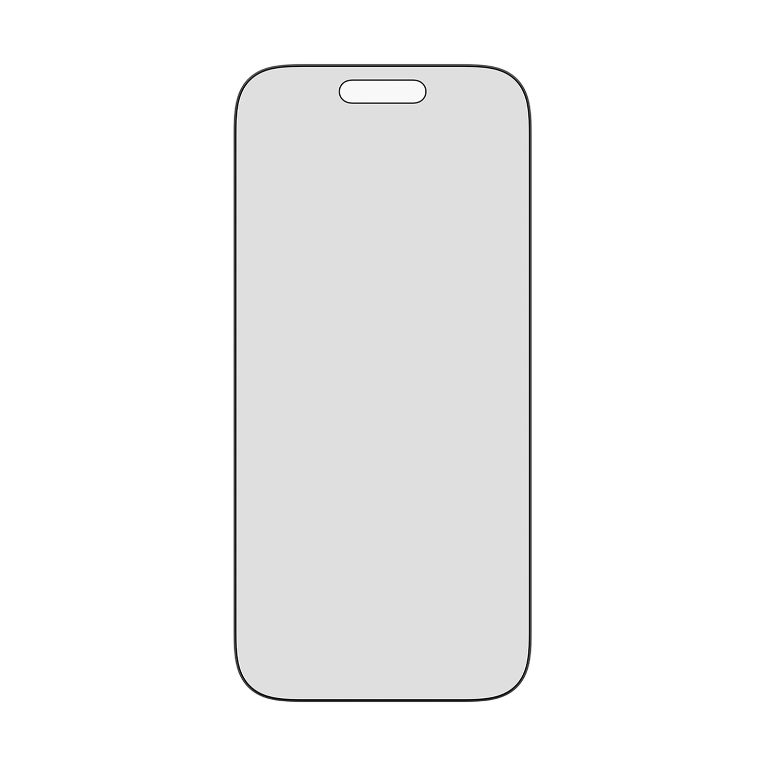 A phone screen protector. It's a light gray rectangle with rounded corners, a black border, and a small cutout at the top.
