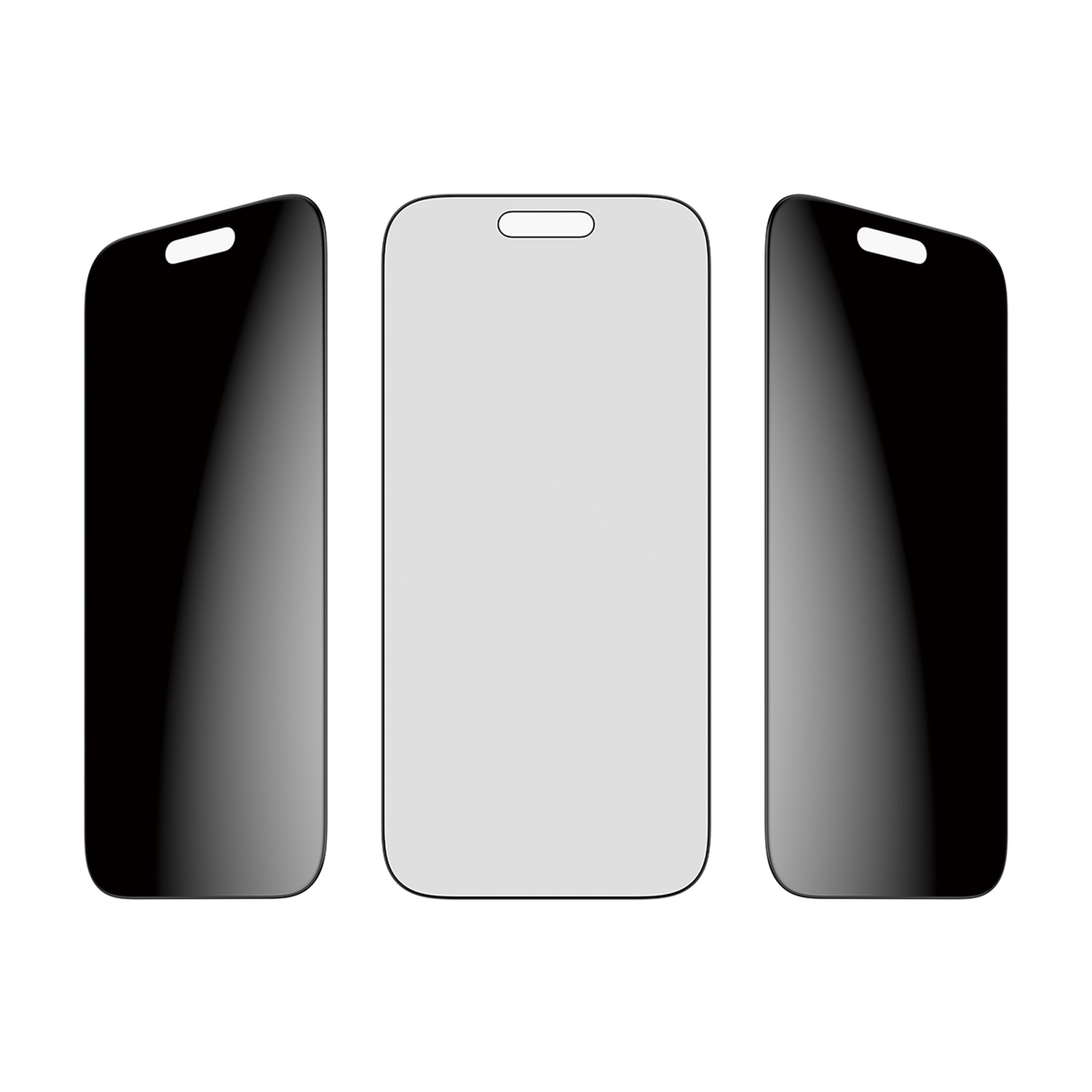 Three phone screen protectors. One in the middle is light grey. The other two are black and angled to the sides.