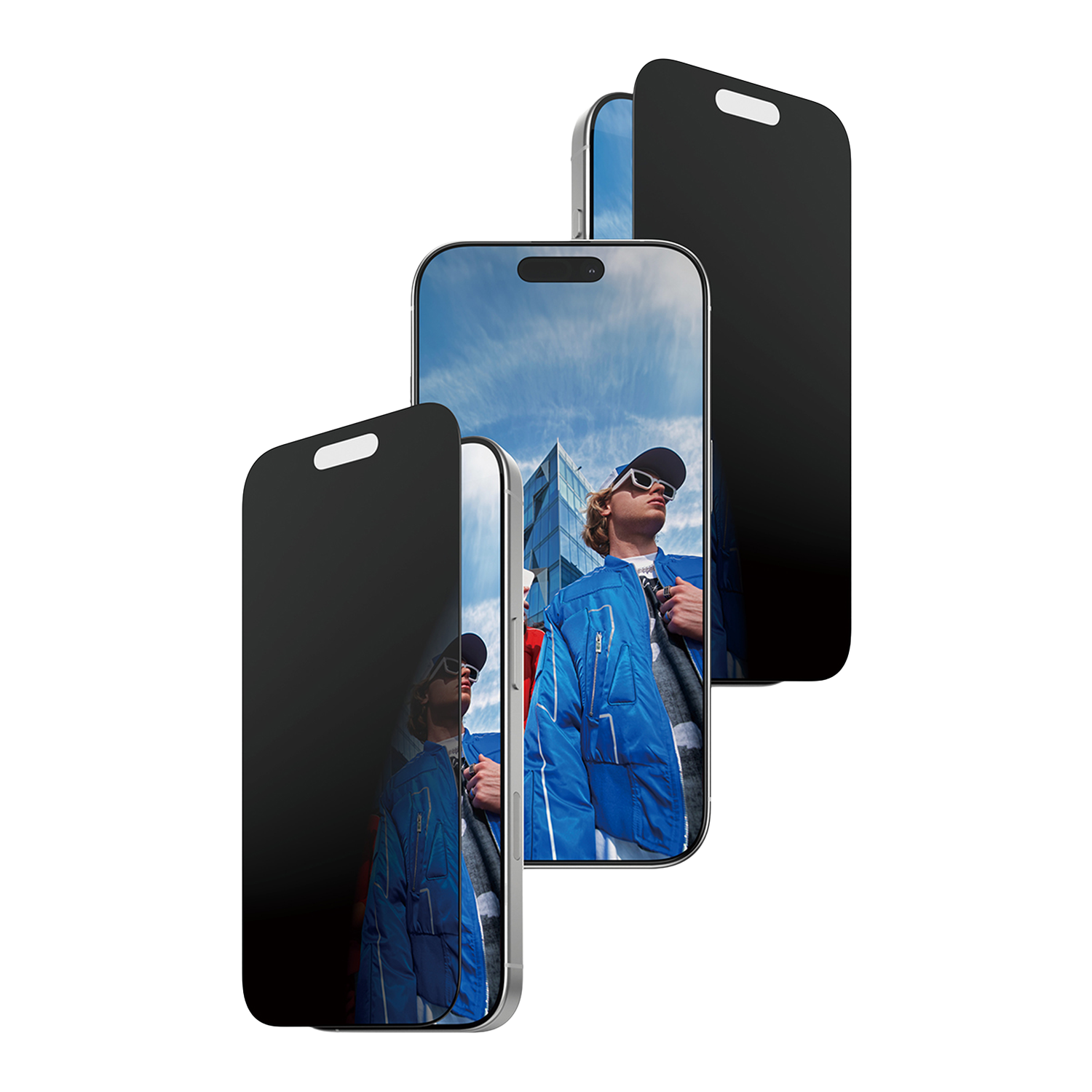 Trois smartphones. L'un montre un homme en veste bleue et lunettes de soleil. Les autres ont des écrans noirs.