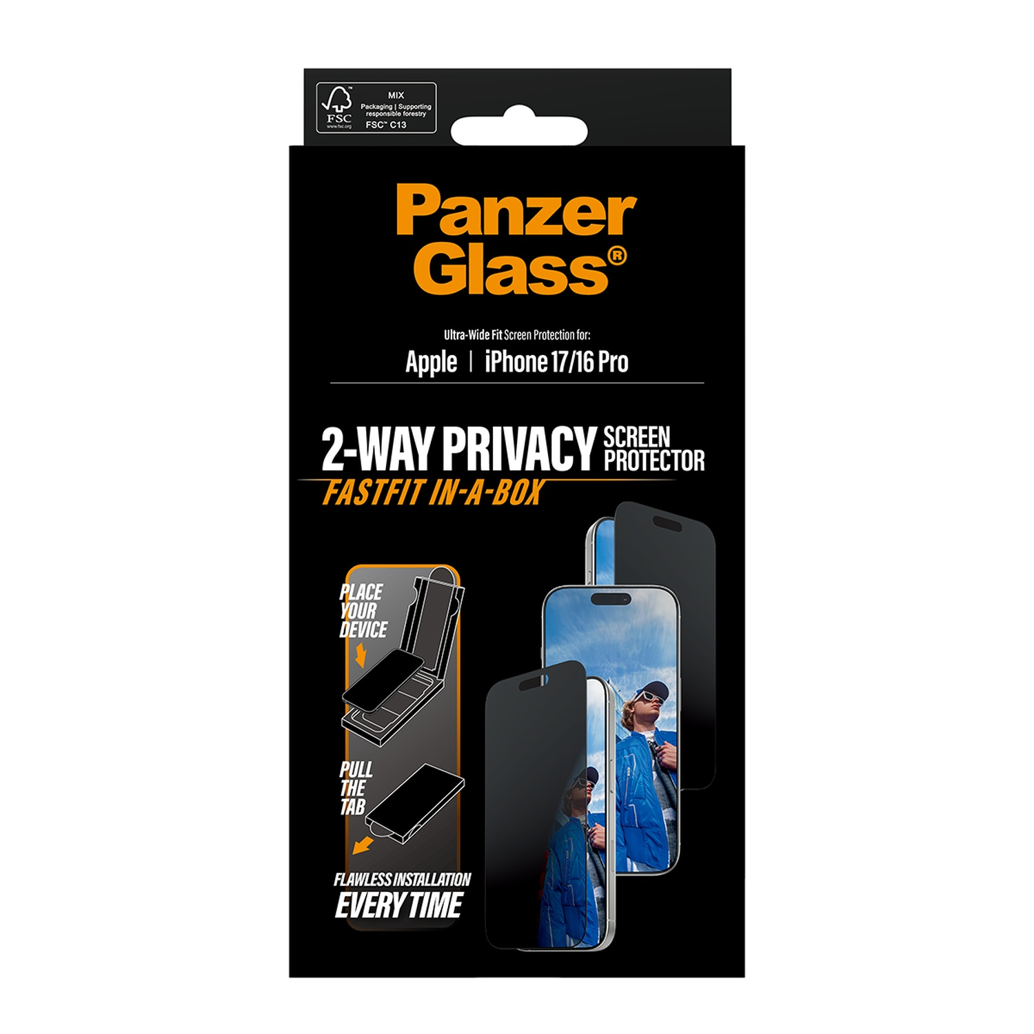 Boîte noire de protection d'écran Panzer Glass. Montre l'iPhone 17/16 Pro d'Apple. Offre confidentialité bidirectionnelle et installation rapide.
