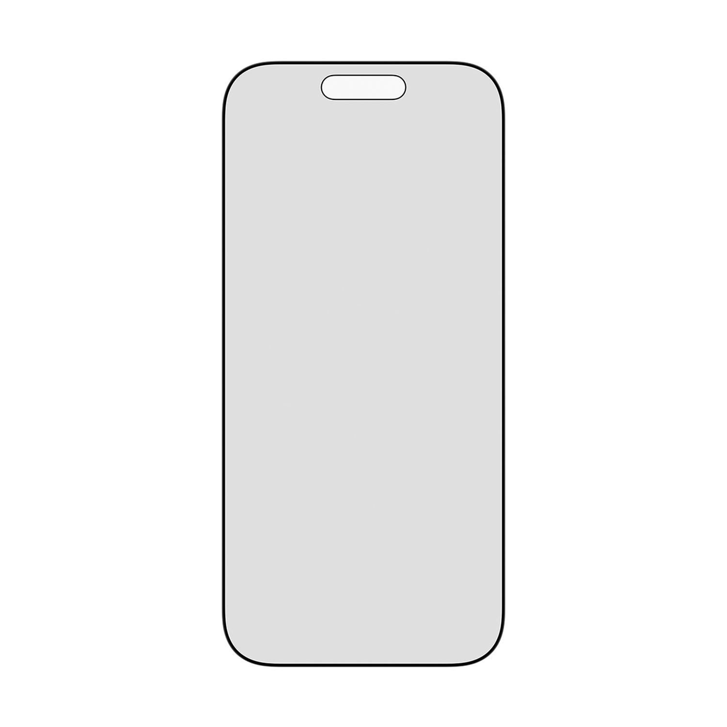 Un protecteur d'écran de smartphone, gris clair, avec un contour noir. Il a une découpe en haut pour la caméra et un fond blanc.