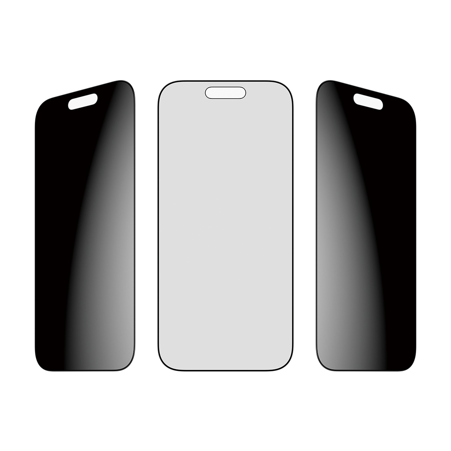 Trois protecteurs d'écran de téléphone sur fond blanc. Deux sont noirs et un est gris. Tous ont une découpe caméra en haut.