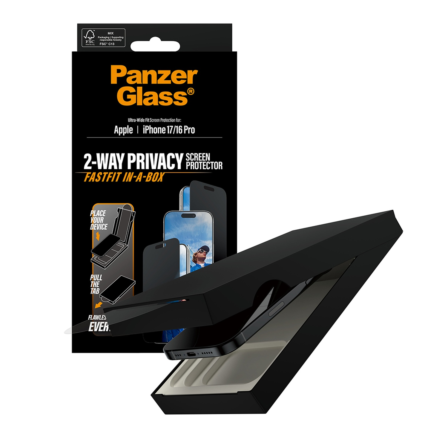 Une boîte noire PanzerGlass avec un téléphone à l'intérieur. La boîte contient du texte, notamment « 2-WAY PRIVACY » et « iPhone 17/16 Pro ». Un protecteur d'écran est affiché.