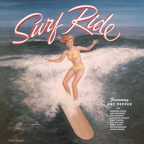 Eine Frau in einem gelben Bikini surft auf einer Welle. Der Titel des Kunstwerks lautet 'Surf Ride' und zeigt Art Pepper.