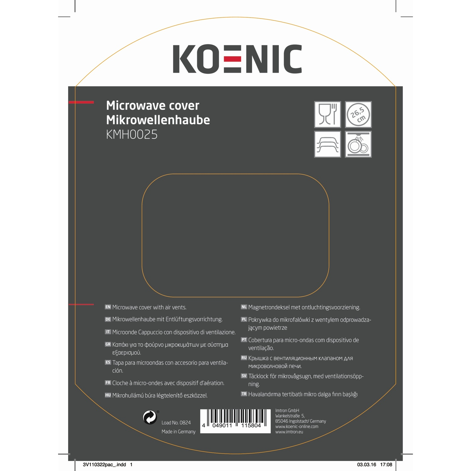 Una copertura per microonde con il marchio KOENIC. Il testo include: Microwave cover, Mikrowellenhaube, e dimensioni.
