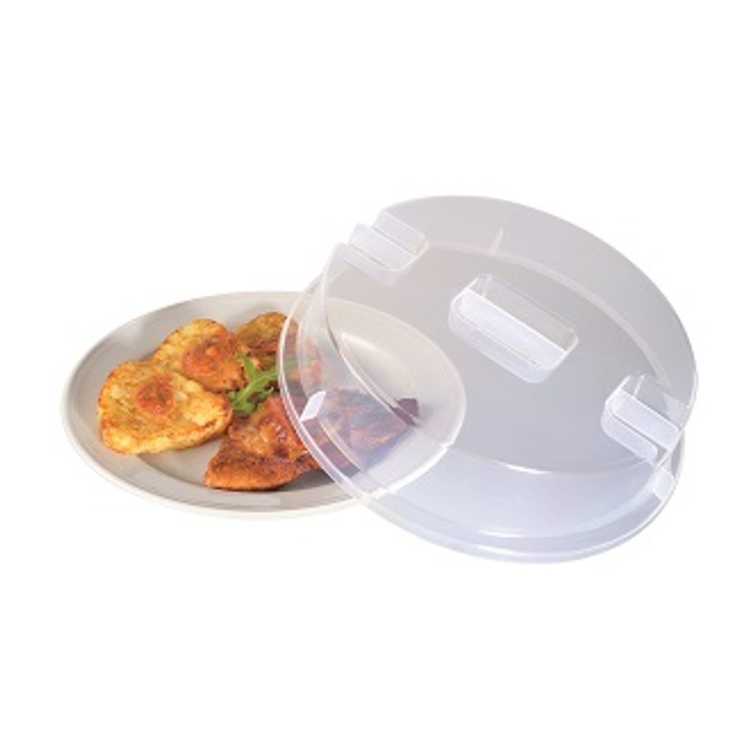 Un piatto con cibo marrone dorato e un coperchio di plastica trasparente. Il cibo sembra frittelle di patate. Il coperchio è parzialmente aperto.
