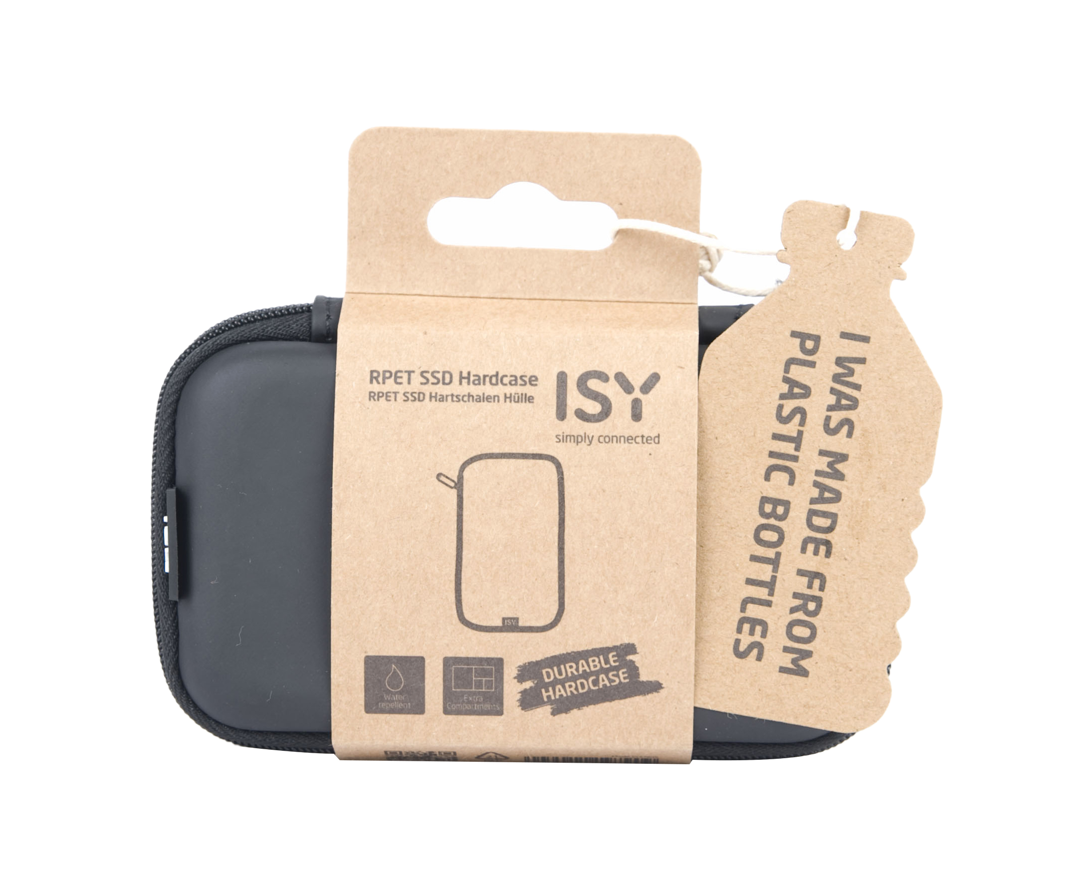 Czarna, twarda obudowa z brązową etykietą z napisem „Zostałem wykonany z plastikowych butelek”. Obudowa jest do dysku SSD.